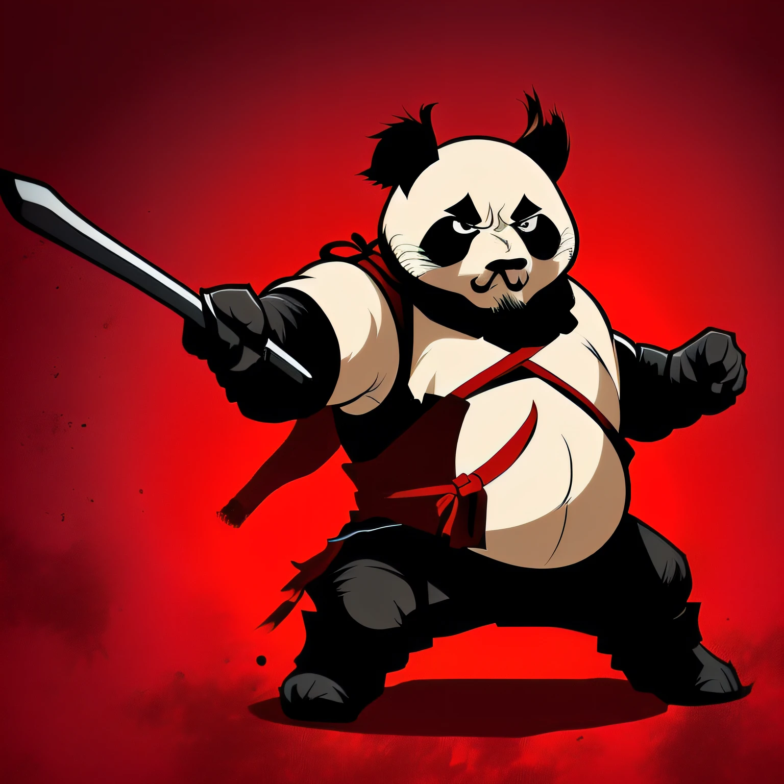 Panda Samurai, corpo inteiro, em tons vermelhos, olhar escuro, visual poderoso e forte, em pose de luta e com cara de bravo, arte conceitual de estilo, comic book and sticker