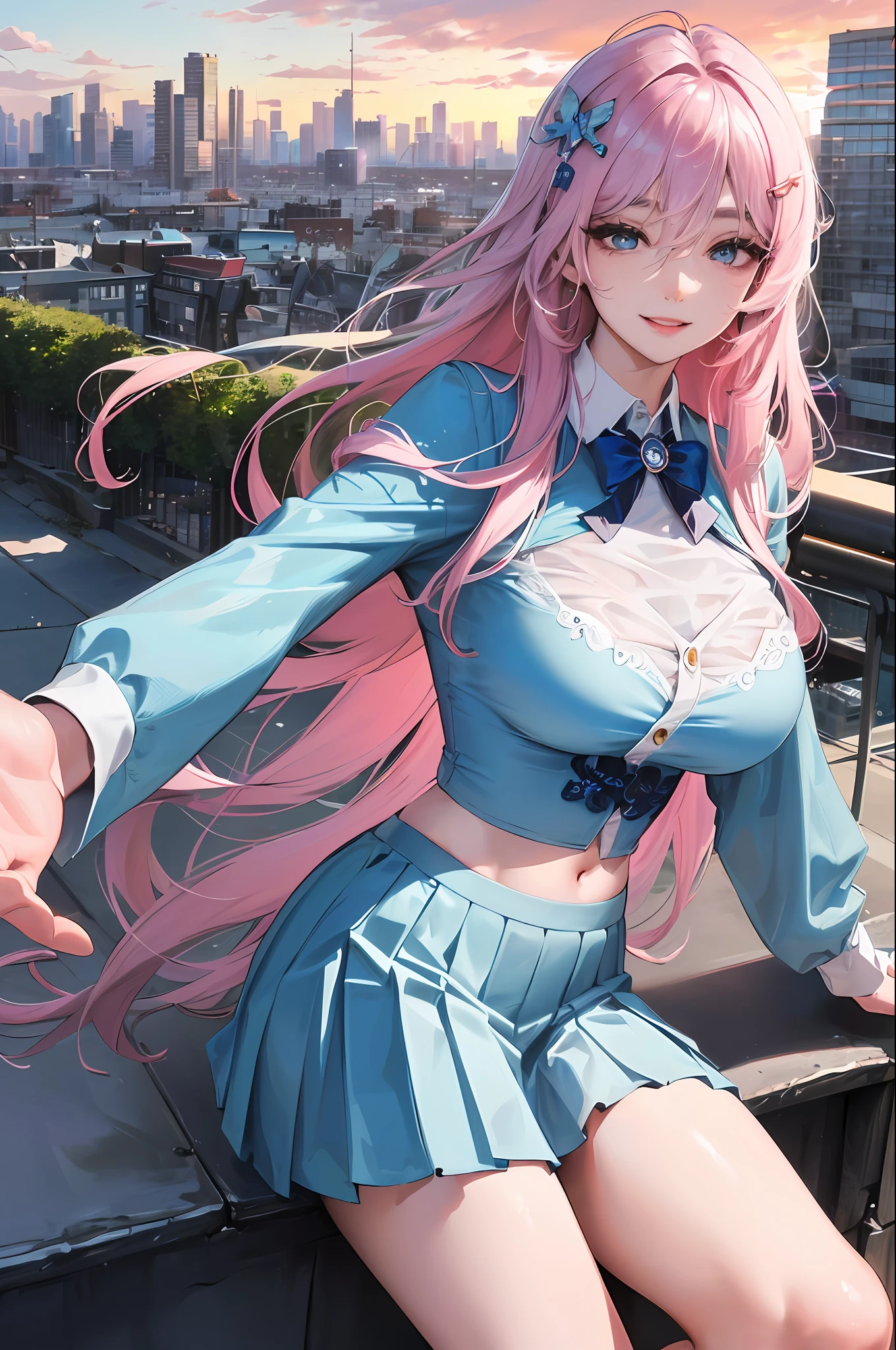 official art, masterpiece, sharp focus, (beautiful gorgeous cute Korean woman:1.3), (beautiful cute korean:1.3), korean beauty, Delicate and beautiful hair and eyes and face, realistic, ultra detailed, beautiful girl, blue sky, glow white particle, (sidelighting:1.2), sun light, white cloud, detailed clouds, slender, Lovely very large breasts and very large hips, smile with teeth, ((smile with eyes, open both eyes)), scenery, long straight hair, sexy facial expression, building, (cityscape:1.7), dynamic hair, long straight hair, detailed platinum pink hair, glow blue eyes, (blue pleated shirts + white skirt), white long socks, pale skin, hair ornament, epic scenery,