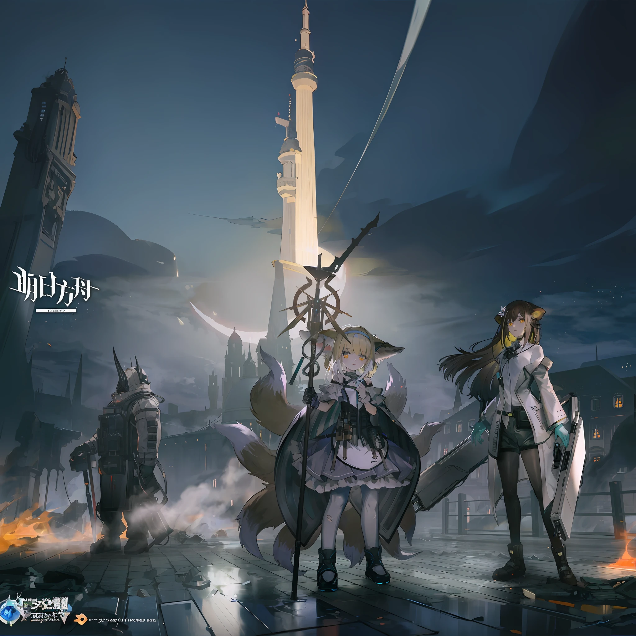 Anime characters standing in front of a castle on fire, From the night of the ark, arknight, shadowverse style, Kushatt Krenz Key Art Women, WLOP and Sakimichan, Splash art anime , shadowverse character concept, Guweiz in Pixiv ArtStation, trending on artstation pixiv, 2. 5 D CGI anime fantasy artwork