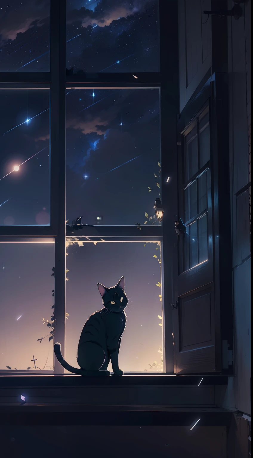 A  cat crouched on the windowsill, shooting stars, the night sky, anime style, chiaroscuro, cinematic lighting, backlighting, silhouette, from below, 8k, super detail, ccurate, best quality, high details