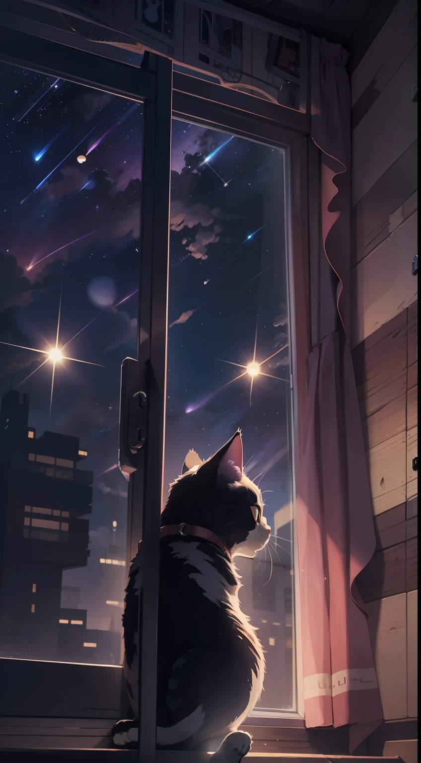 A little cat crouched on the windowsill, shooting stars, the night sky, anime style, chiaroscuro, cinematic lighting, backlighting, silhouette, from below, 8k, super detail, ccurate, best quality, high details