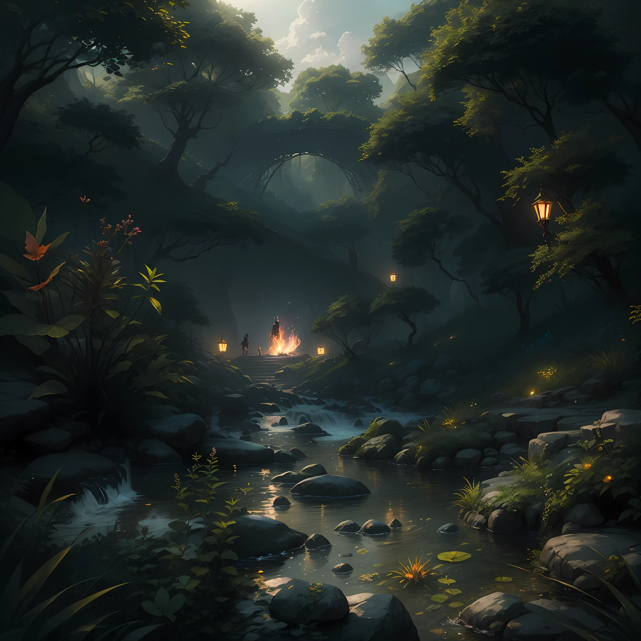 ((best qualtiy)), ((tmasterpiece)), (A detailed:1.4),Enhanced dynamic perspective,jungles,nighttime scene,starrysky,(darkly:1.4),((The old adventurer sits on the stone,A blazing stream flowed before him)),There are crocodiles in the water,(Adventurer backpack),(weeds),florals,(((adventurer clothing))),super-fine,Works of masters,high qulity,8K分辨率,depth of fields,电影灯光,Epic shooting,high qulity,super-fine,Detailed pubic hair,Accurate,Cinematic lighting,