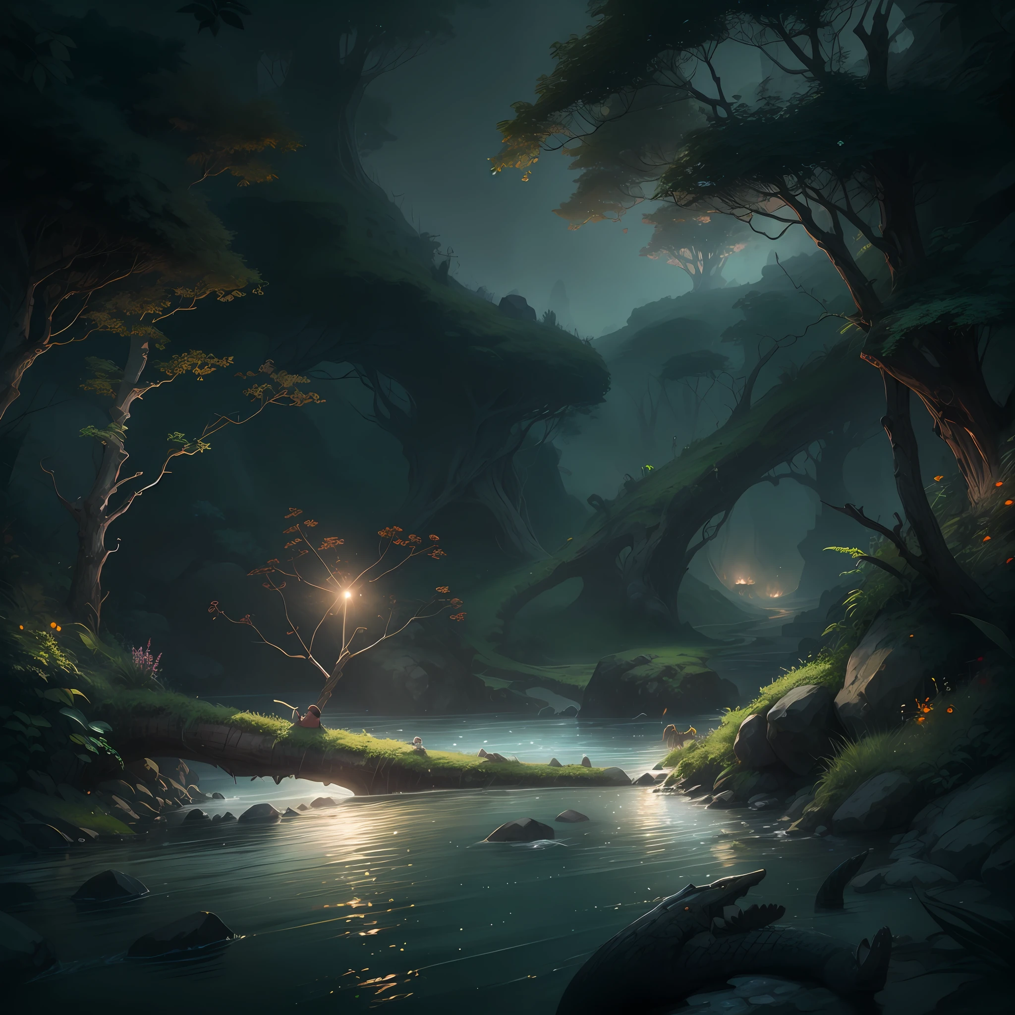 ((best qualtiy)), ((tmasterpiece)), (A detailed:1.4),Enhanced dynamic perspective,jungles,nighttime scene,starrysky,(darkly:1.4),((The old adventurer sits on the stone,A blazing stream flowed before him)),There are crocodiles in the water,(Adventurer backpack),(weeds),florals,(((adventurer clothing))),super-fine,Works of masters,high qulity,8K分辨率,depth of fields,电影灯光,Epic shooting,high qulity,super-fine,Detailed pubic hair,Accurate,Cinematic lighting,