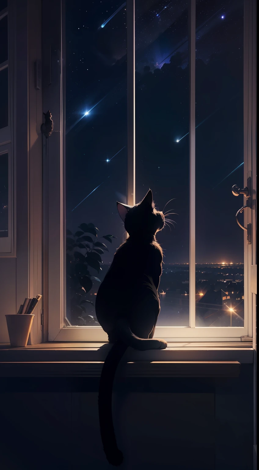 A cat crouched on the windowsill, shooting stars, the night sky, anime style, chiaroscuro, cinematic lighting, backlighting, silhouette, from below, 8k, super detail, ccurate, best quality, high details