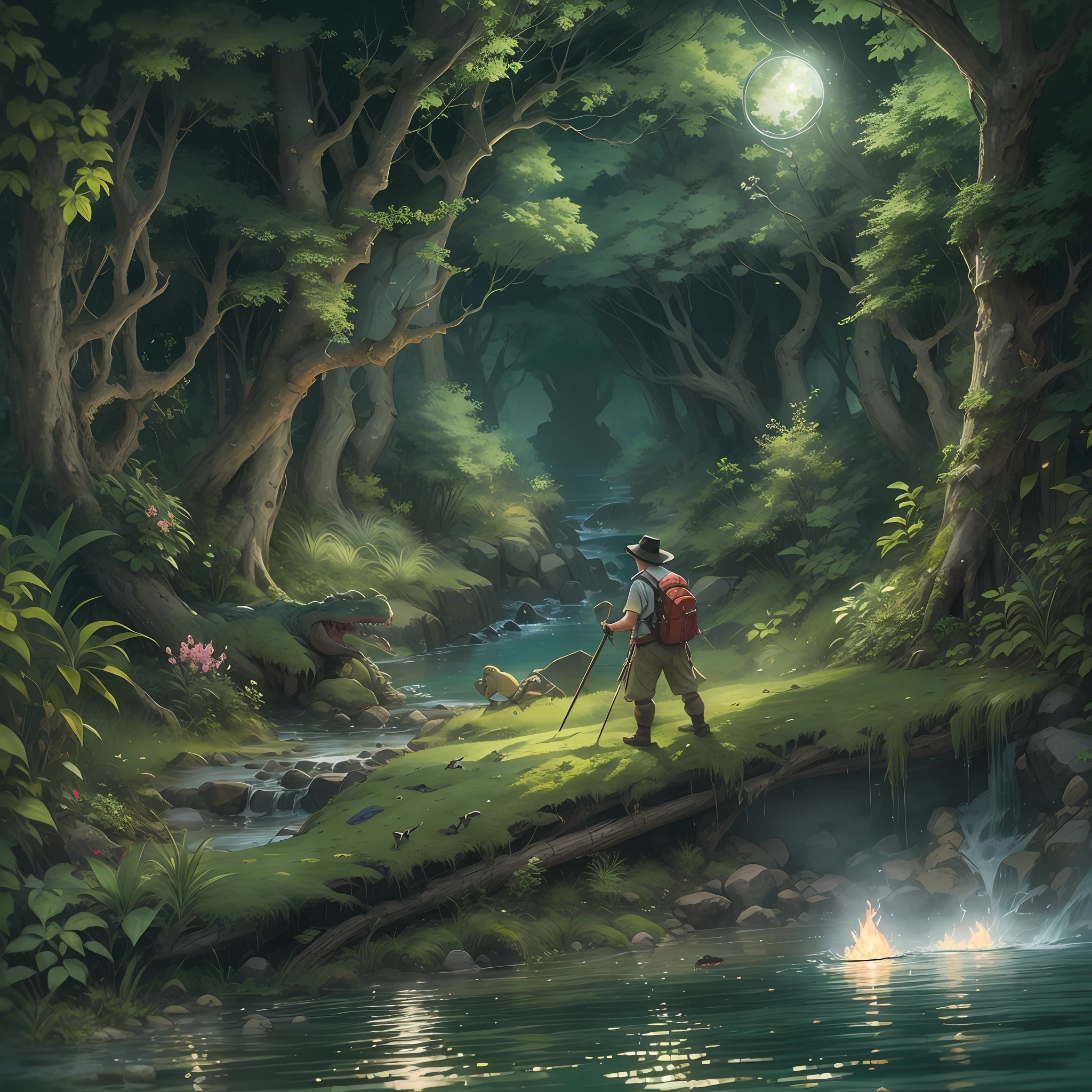 （（best qualtiy））， （（tmasterpiece））， （A detailed：1.4），Enhanced dynamic perspective，jungles，nighttime scene，starrysky，（darkly：1.4），（（The old adventurer sits on the stone，A blazing stream flowed before him）），There are crocodiles in the water，（Adventurer backpack），（weeds），florals，（（（adventurer clothing））），super-fine，Works of masters，high qulity，8K分辨率，depth of fields，电影灯光，Epic shooting，high qulity，super-fine，Detailed pubic hair，Accurate，Cinematic lighting，