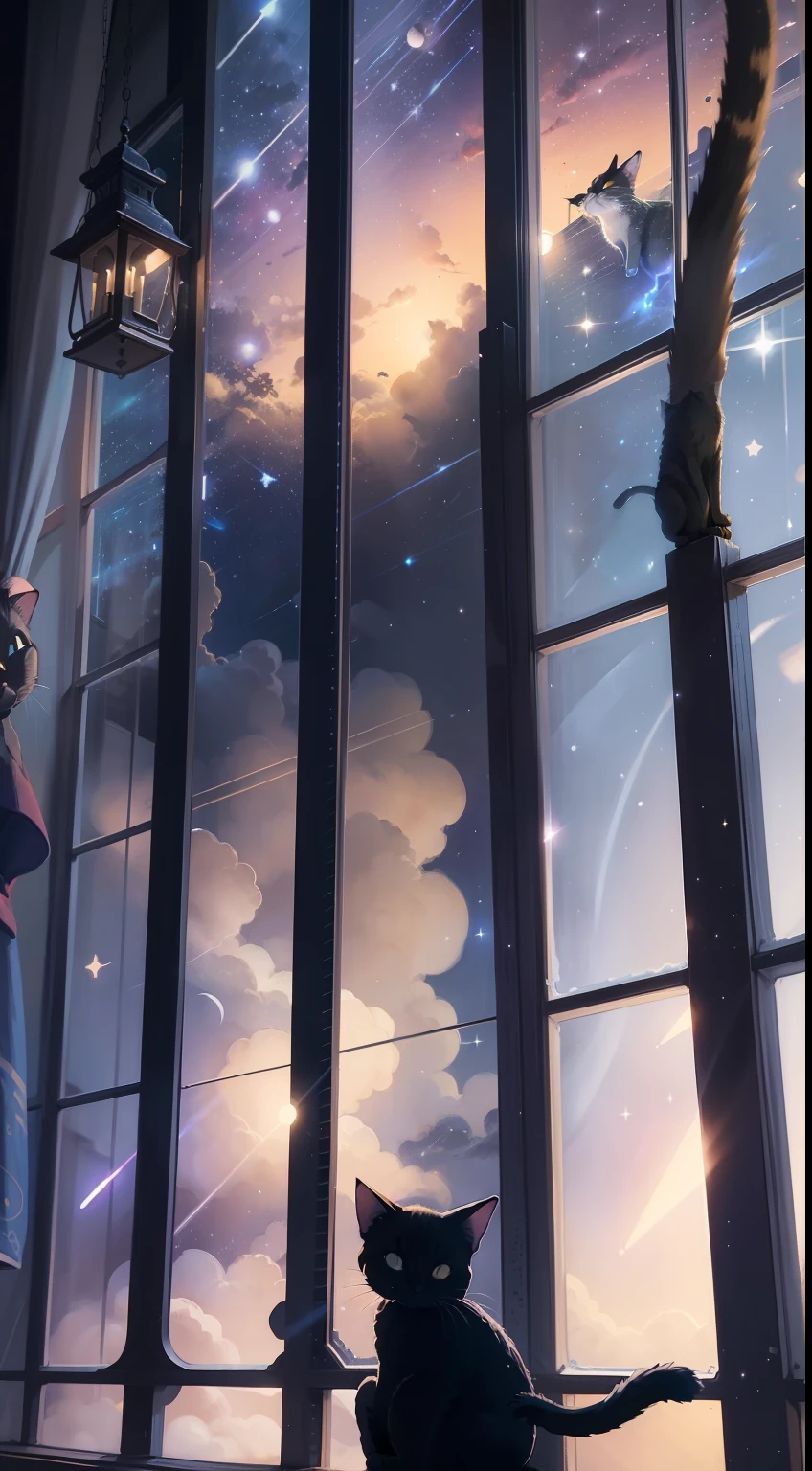 A little cat crouched on the windowsill, shooting stars, the night sky, anime style, chiaroscuro, cinematic lighting, backlighting, silhouette, from below, 8k, super detail, ccurate, best quality, high details