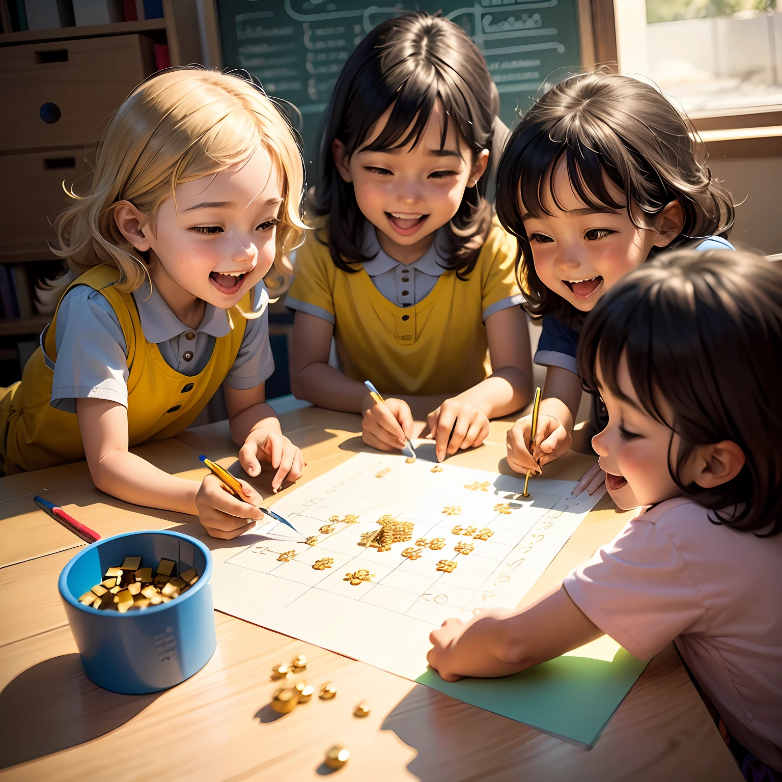 A captivating illustration depicting a group of enthusiastic children, rodeadas pelo 'Material Dourado Completo', Exploring mathematical concepts. Children are involved in playful activities, assembling numbers with golden pieces, while smiling and having fun with mathematical learning. --auto