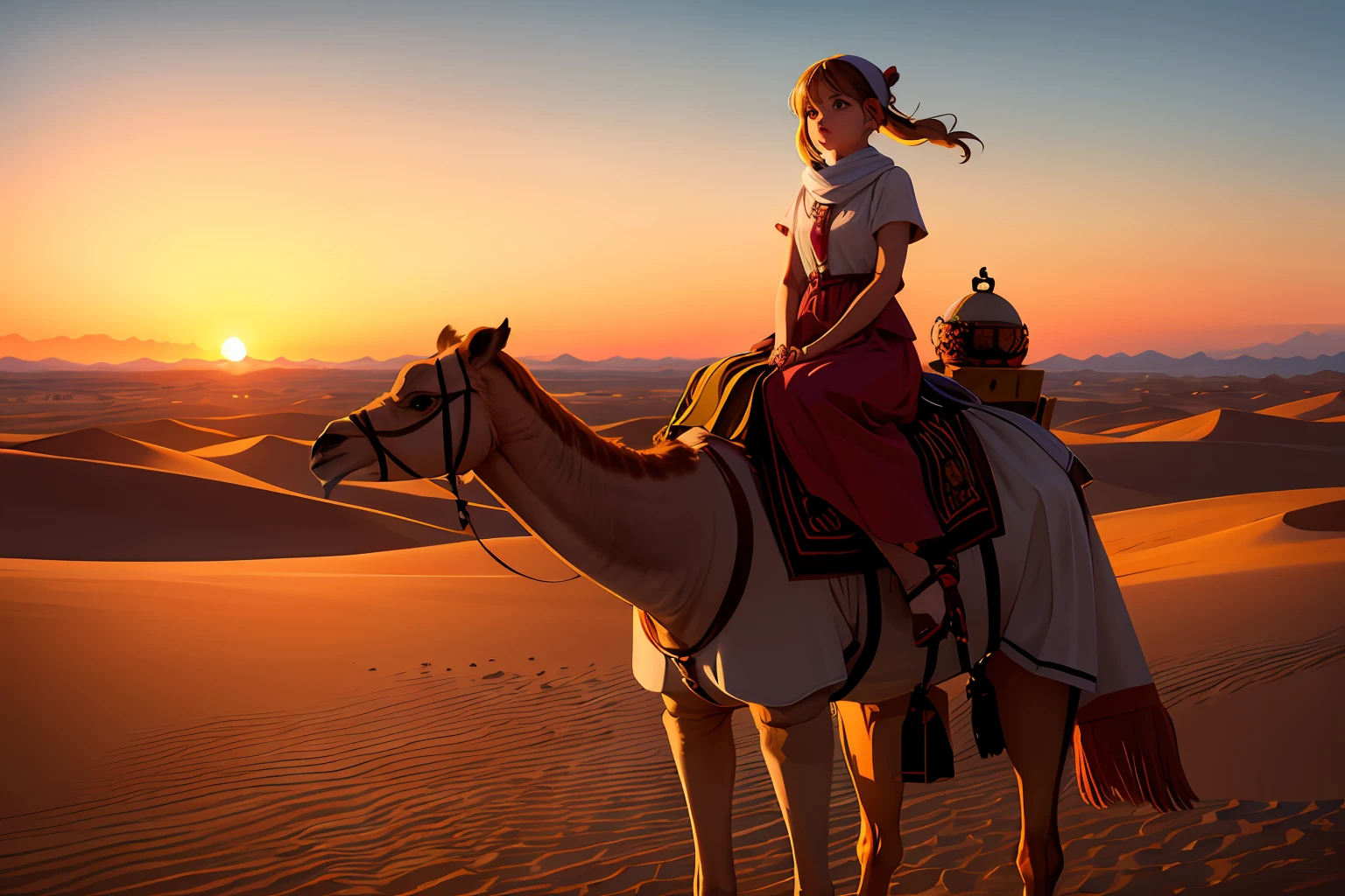 absurdress, hight resolution, Best Quality, landscape, scenery, Sunset, meteor, plains, desert, camel,