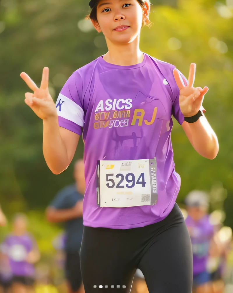 A Japanese woman in a purple shirt and black pants is running, 2 0 2 2 foto, fotografia de close-up, tiro por cima do ombro, foto de closeup, Pose de corrida, menina correndo, girl is running, parte superior do corpo close - para cima, parte superior do corpo close up, tiro por cima do ombro, running towards the camera, print ready, news photo, foto ainda, in an action pose, rosto definido, alta qualidade, defined hands, no deformations --auto
