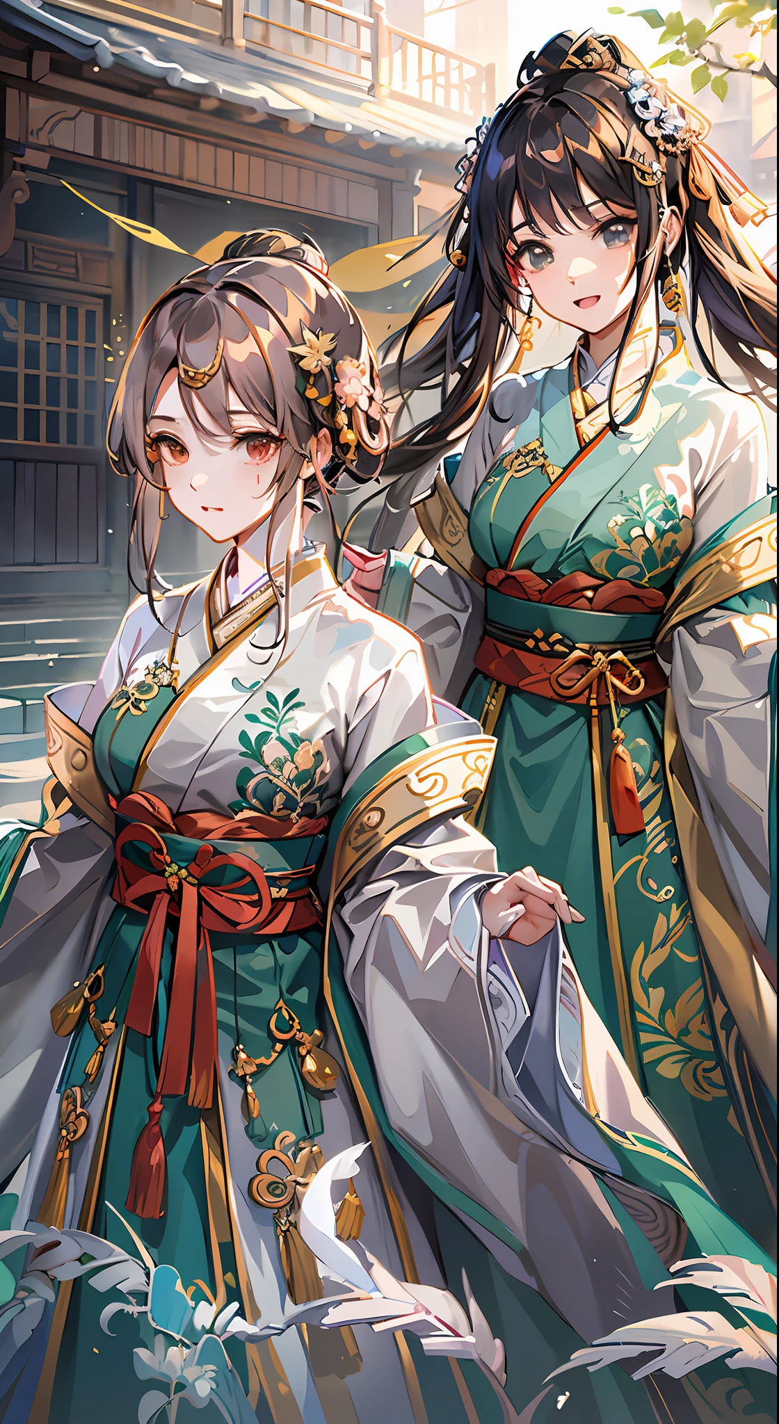 Anime characters walking in the courtyard in traditional Chinese costumes, flowing hair and long robes, Palace , A girl in Hanfu, Flowing robes, ornate flowing robes, ((wearing aristocrat robe)), Keqing from Genshin Impact, onmyoji portrait, inspired by Ju Lian, heise jinyao, WLOP and Sakimichan, green robe