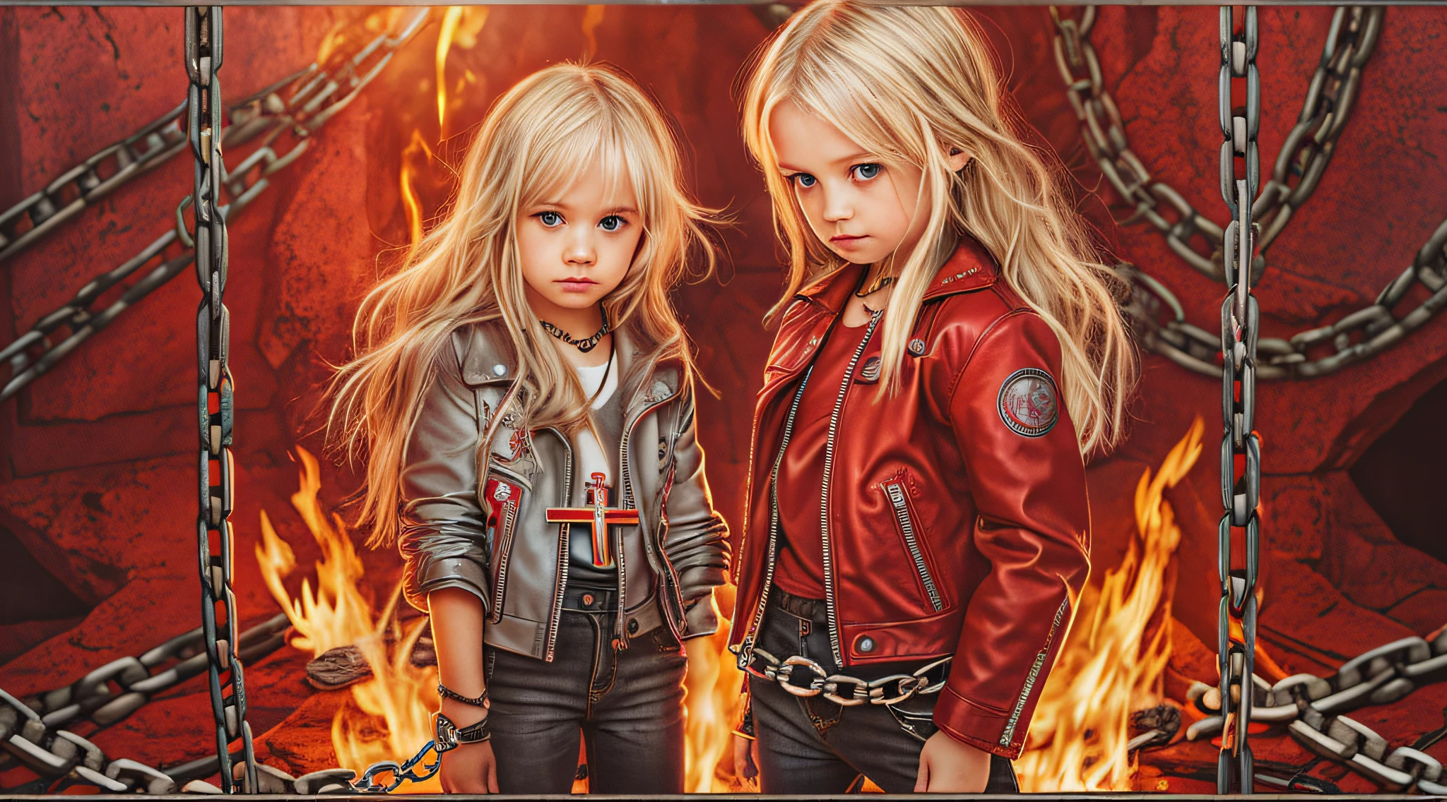 A half body, portrait of 3 girls German children long platinum blonde hair of 12 years, red leather jackets, holding in their hands a cross, background of chains, chain, more chains, many chains, , red, red fire, many background flames.