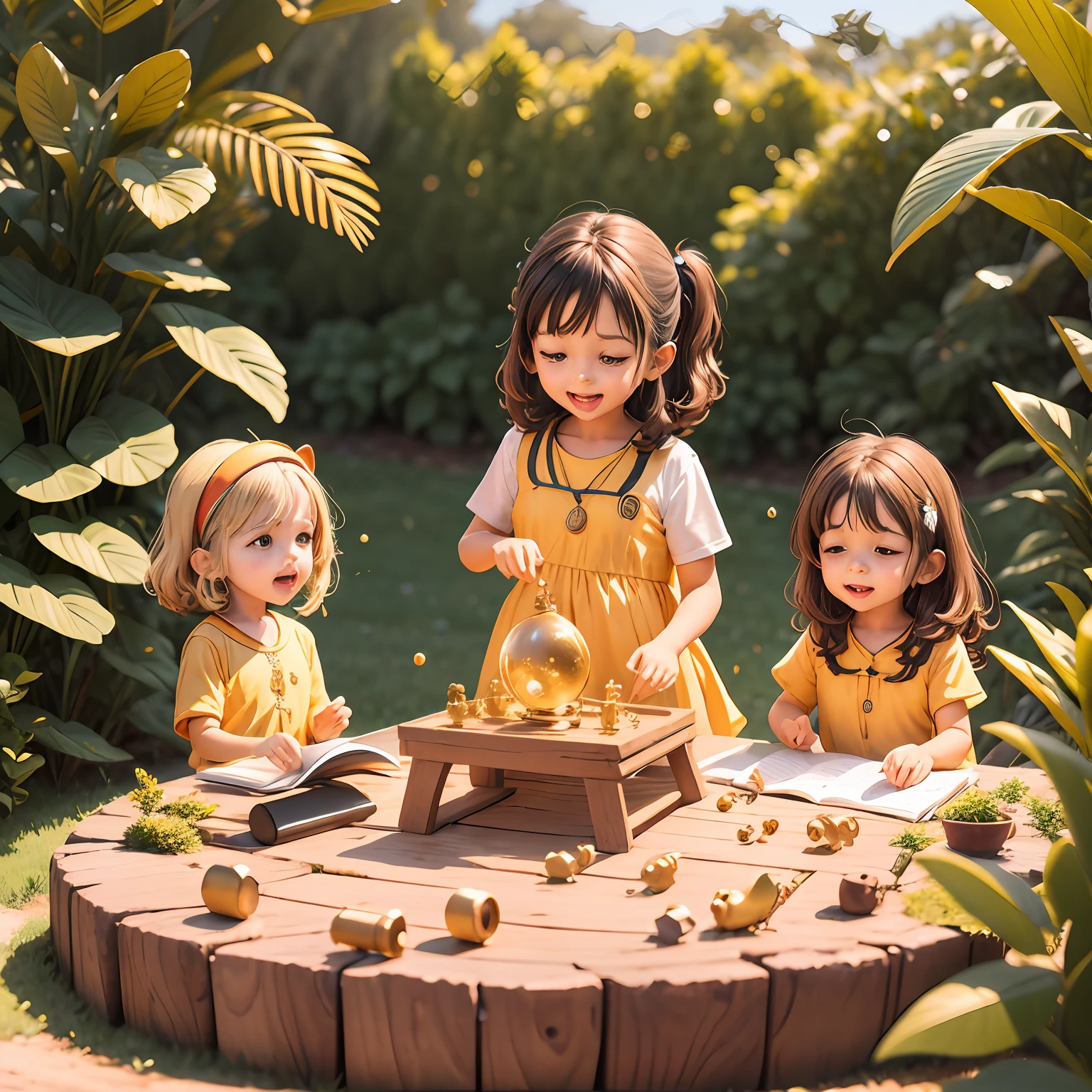 An interactive learning scene with children of different ages, todas imersas nas atividades do 'Material Dourado Completo'. The environment is filled with enthusiasm and discoveries, with the golden pieces being used to compose numbers and solve mathematical problems in a practical and effective way. --auto