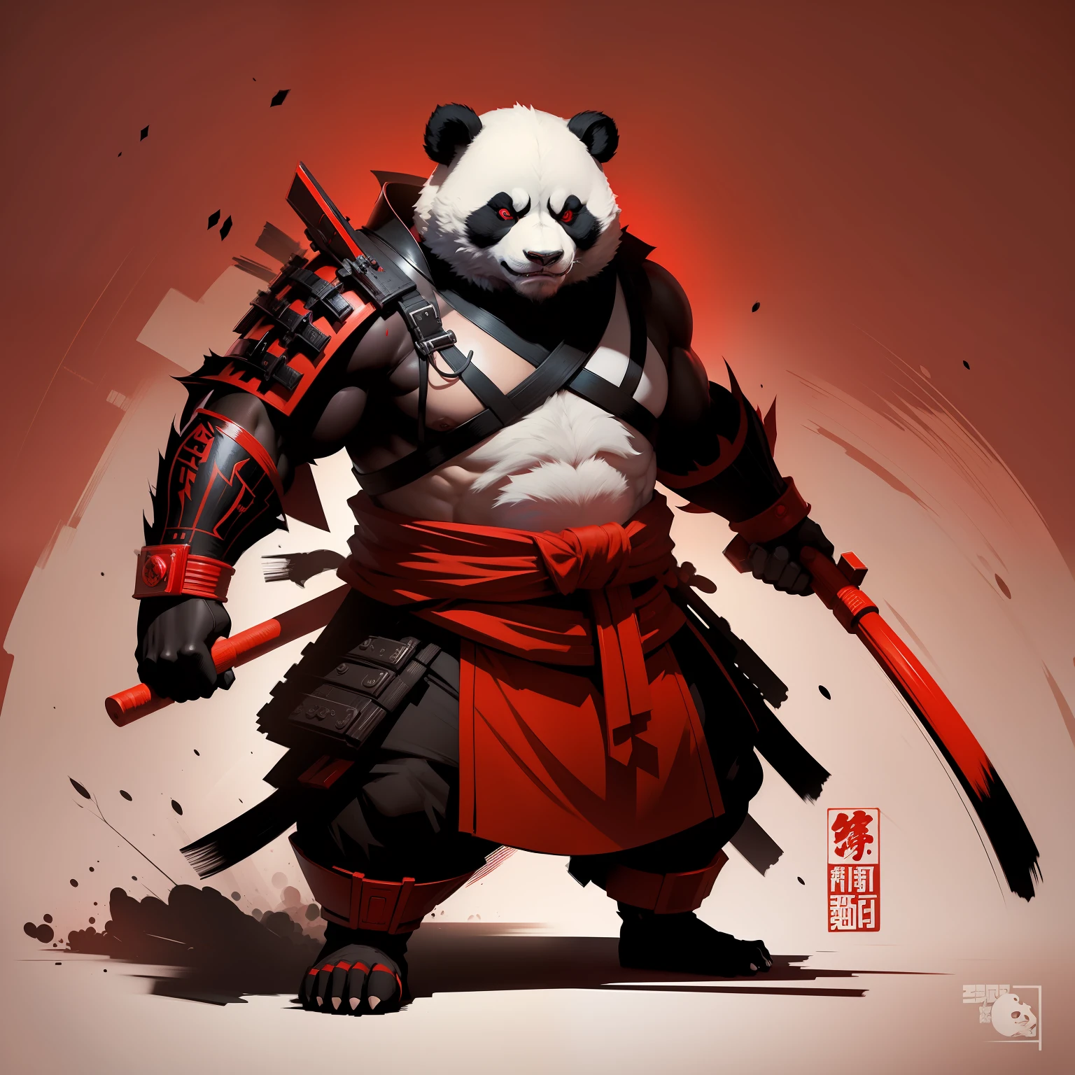 Panda samurai, full body, in red tones, dark look, powerful and strong look, in fighting pose and with angry face, style concept art, comicbook and sticker --auto
