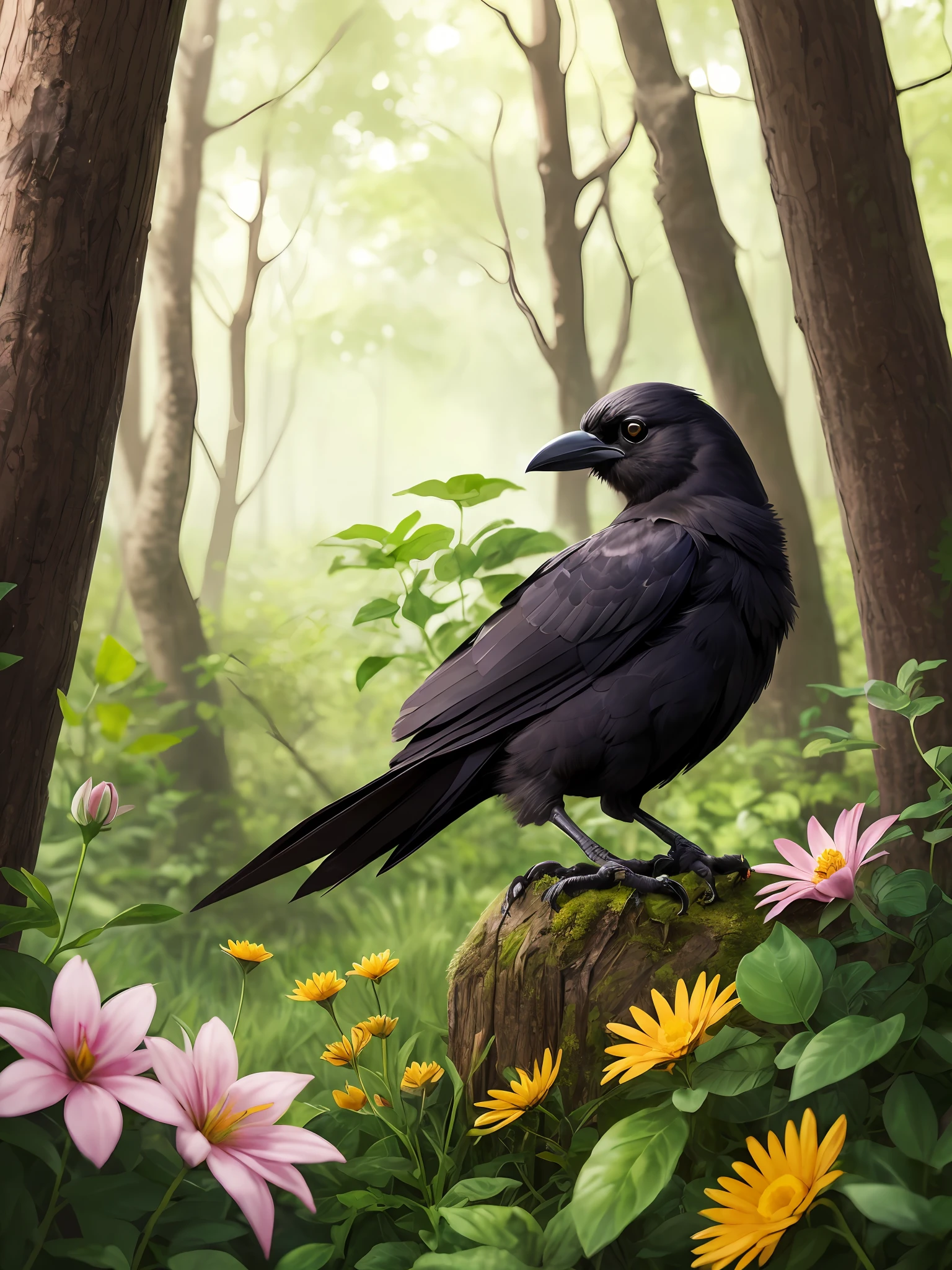 epic realistic photography, a drawing of a cute (:1.2) (crow) surrounded by beautiful  flowers and trees in a forest clearing