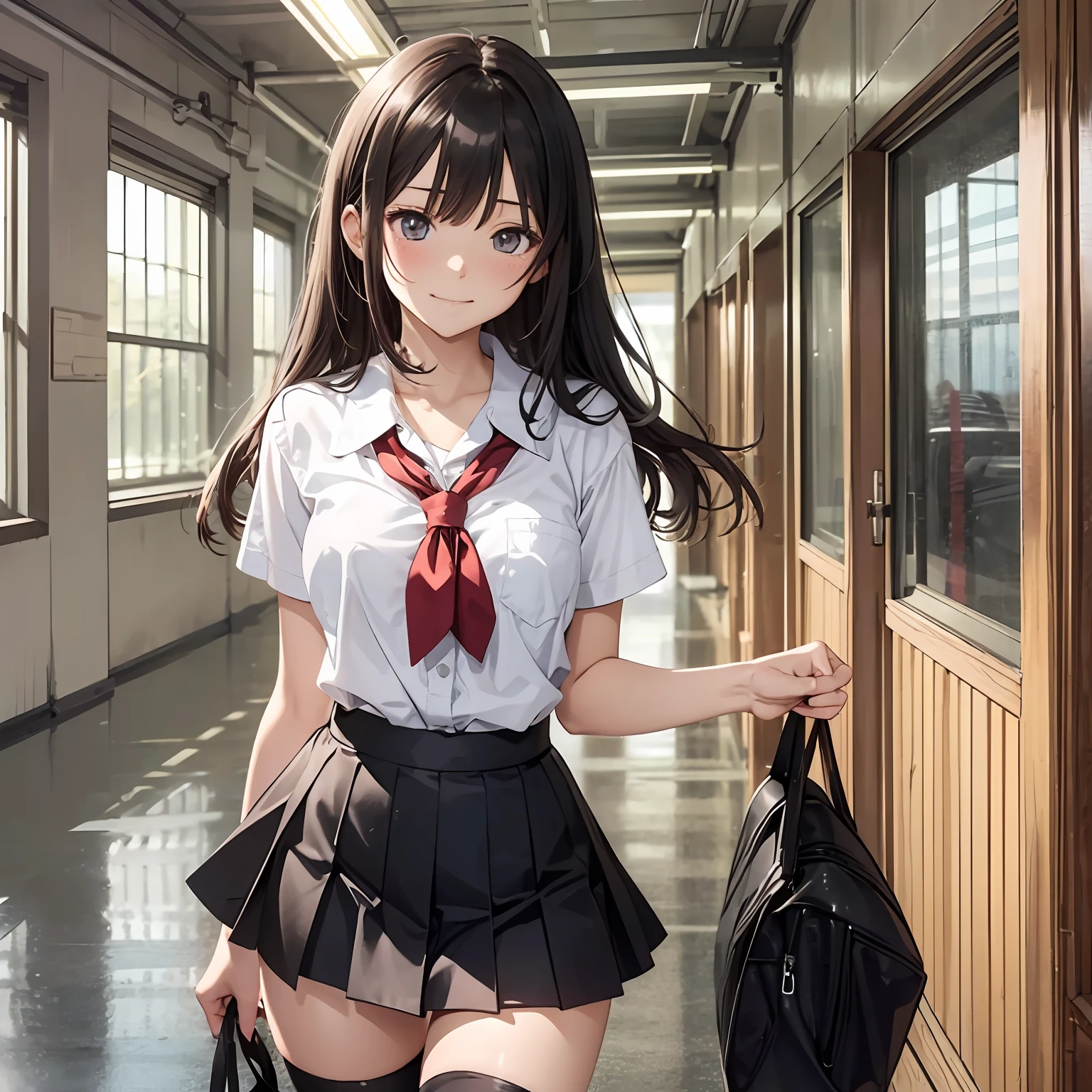 (masutepiece:1.2), (Best Quality:1.2), (Extremely detailed:1.2), Cowboy Shot, 1girl in,Medium Hair ,Light wavy black hair, Brown-eyed、 high-school uniform, Black skirt, knee high stockings, Smirk, Standing, black thong, skirt rift, Lift skirt, shushing, school hallway,(24 year old、white panties、red blush、Narrow-eyed)