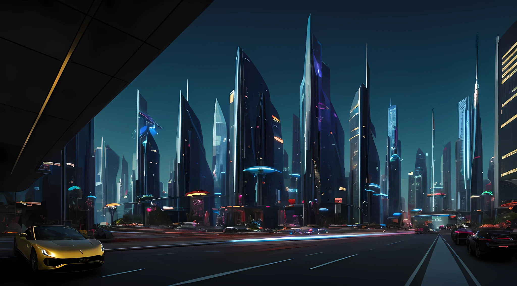 "The futuristic sci-fi city with high-definition quality, towering buildings, depicting a fantasy background decoration; space cars speeding past, and pedestrians walking through the city."