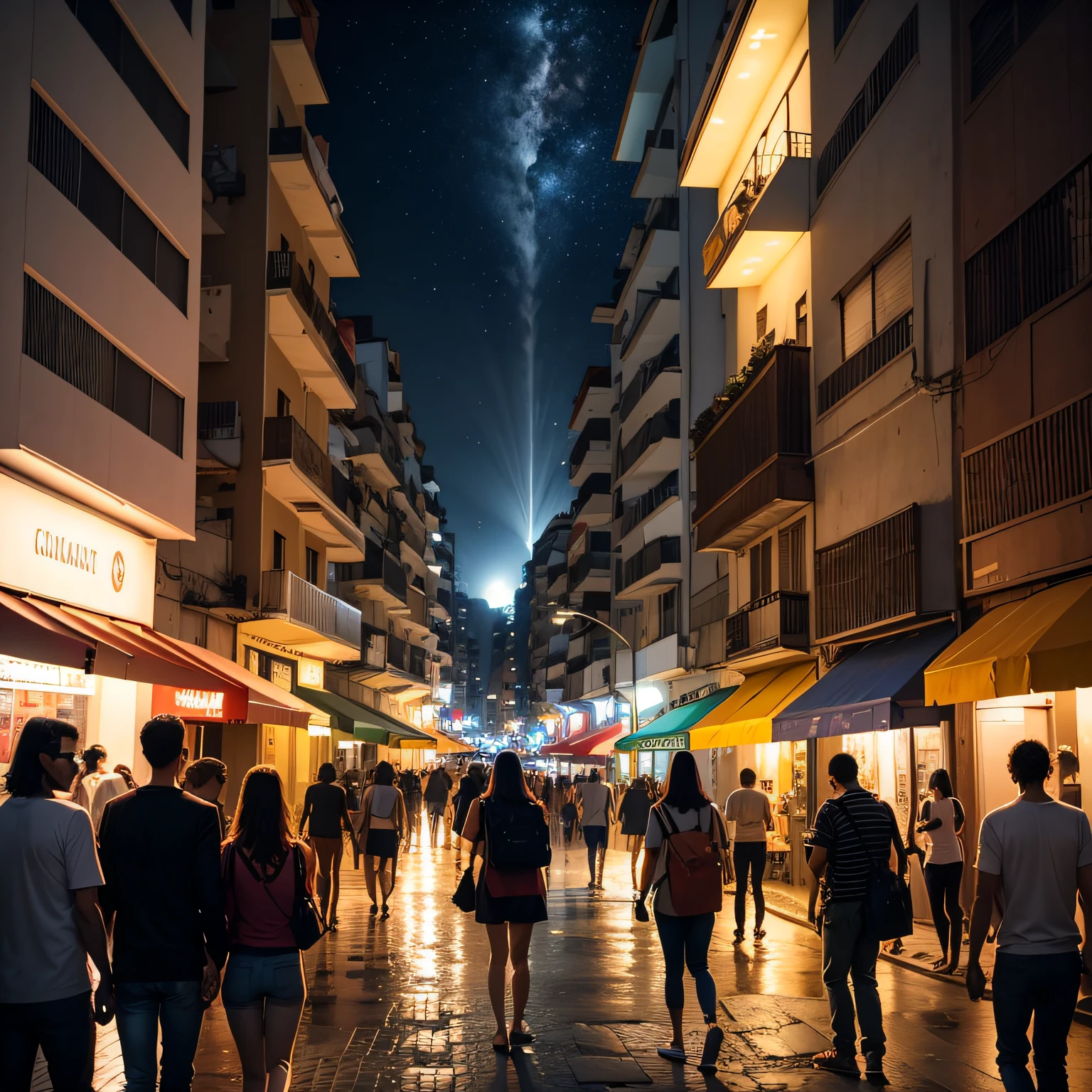 cidade estranha, noite, lua ao fundo, planeta terra ao fundo, pessoas na rua --auto