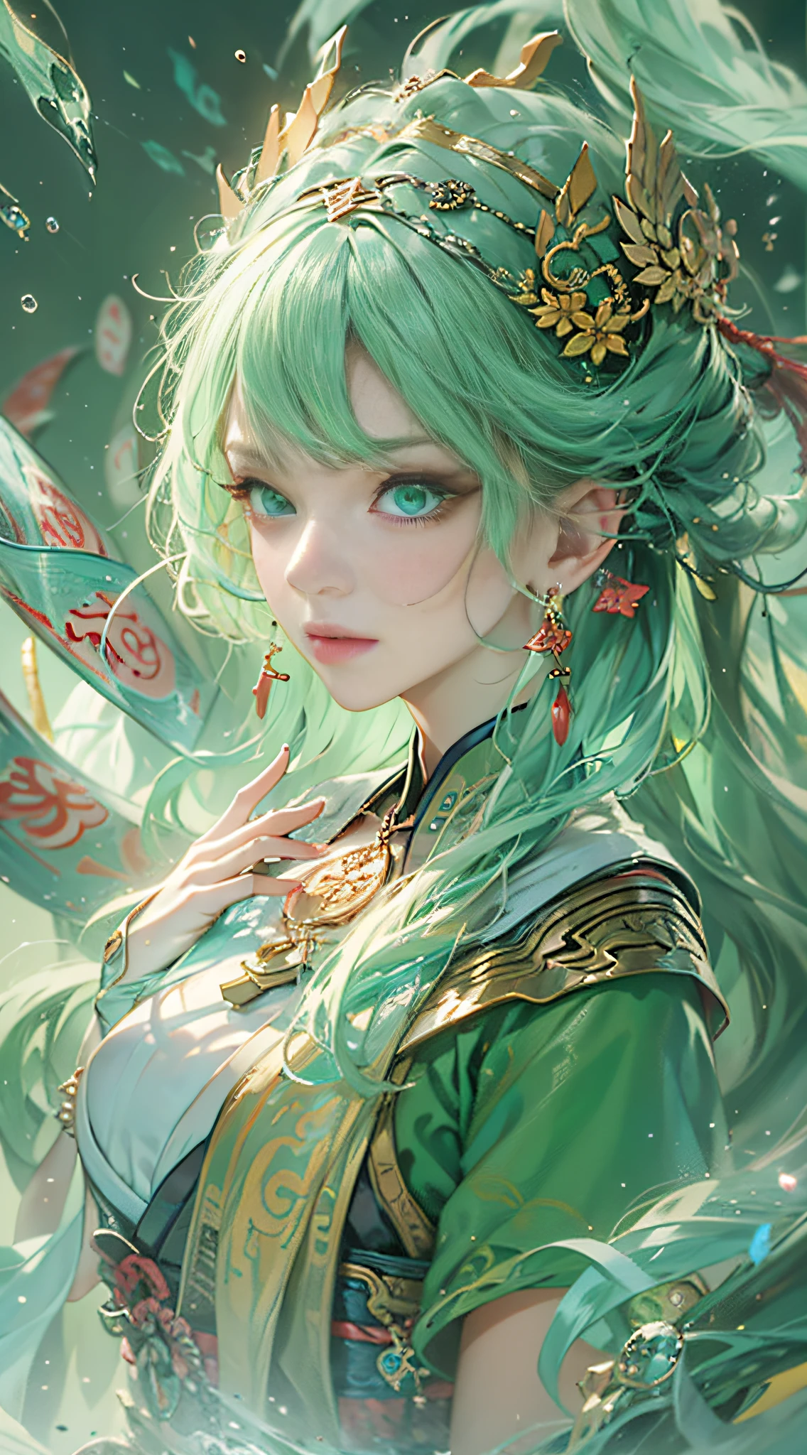 Chinese_mythology,magical*_effect,effect*_glossy,effect*_light_rays,dynamic_angle,dynamic_pose,wind*_swirling_around_the_character,light*_light_green_particle,*_swirling_around_the_character,museum,China,solo,1girl,megadere,very long hair,lightgreen hair,[multicolored hair],green eyes,glowing pupils,habit,China-style_made_costume,headdress,Tassel_earrings,Jabot,chain_necklace,(((Taiji bagua))),