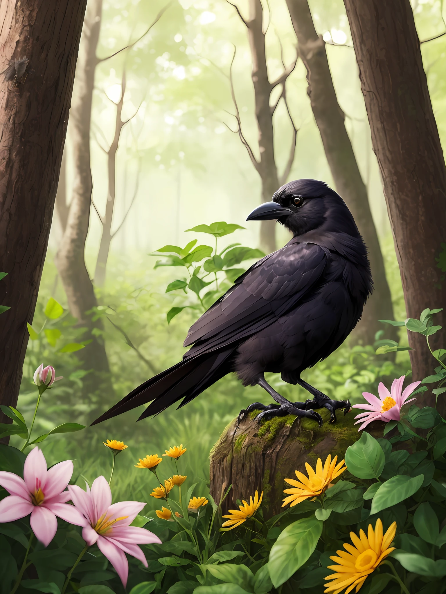 epic realistic photography, a drawing of a cute (little baby:1.2) (crow) surrounded by beautiful  flowers and trees in a forest clearing