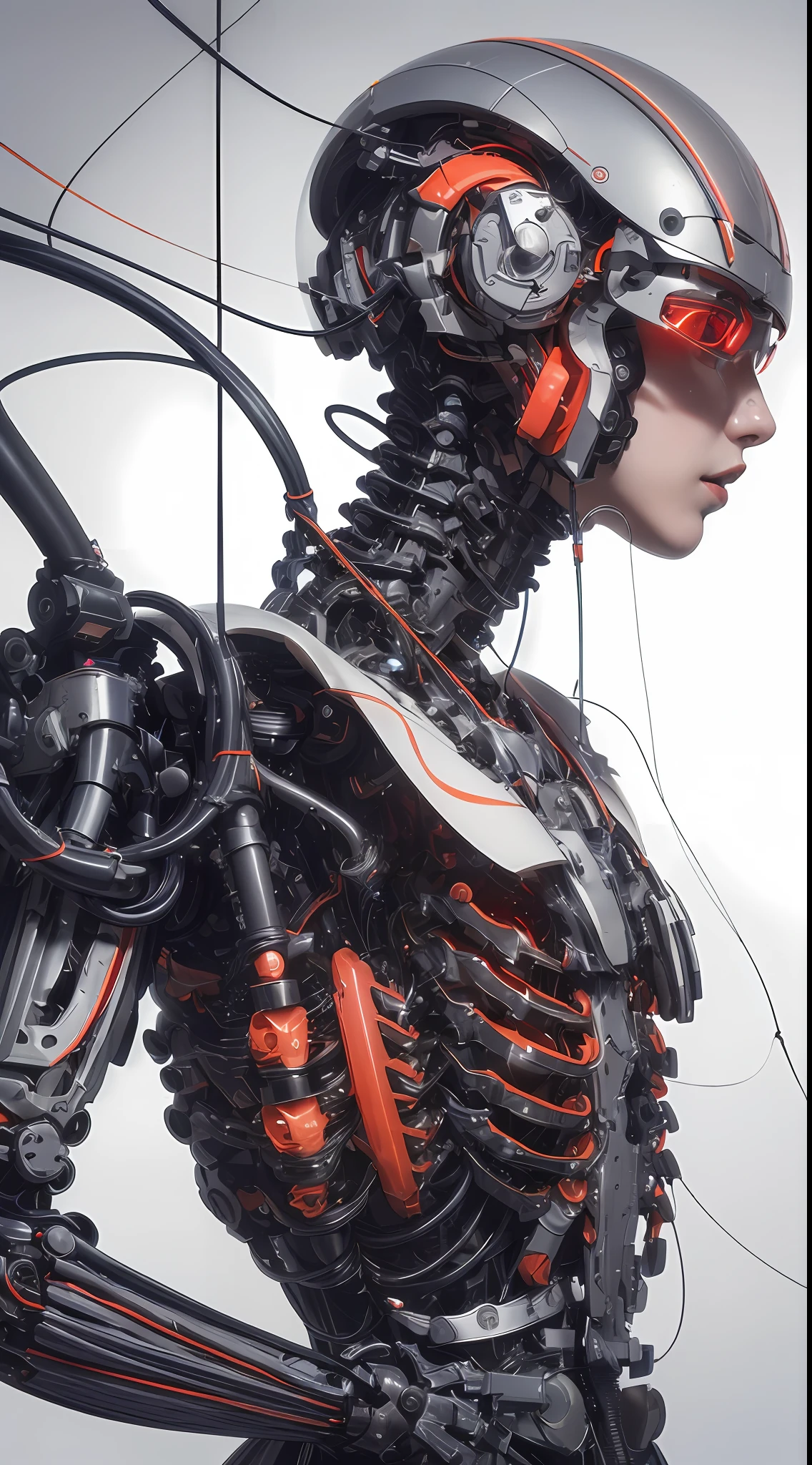 (masterpiece, top quality, best quality, official art, beautiful and aesthetic:1.2), 1girl,solo, extreme detailed,colorful,highest detailed ((ultra-detailed)), (highly detailed CG illustration), ((an extremely delicate and beautiful)),(from side),cinematic light,((1mechanical girl)),solo,full body,(machine made joints:1.2),((machanical limbs)),(blood vessels connected to tubes),(mechanical vertebra attaching to back),((mechanical cervial attaching to neck)),(sitting),expressionless,(wires and cables attaching to neck:1.2),(wires and cables on head:1.2)(character focus),science fiction,white background, blood,cyborg, dramatic lighting,