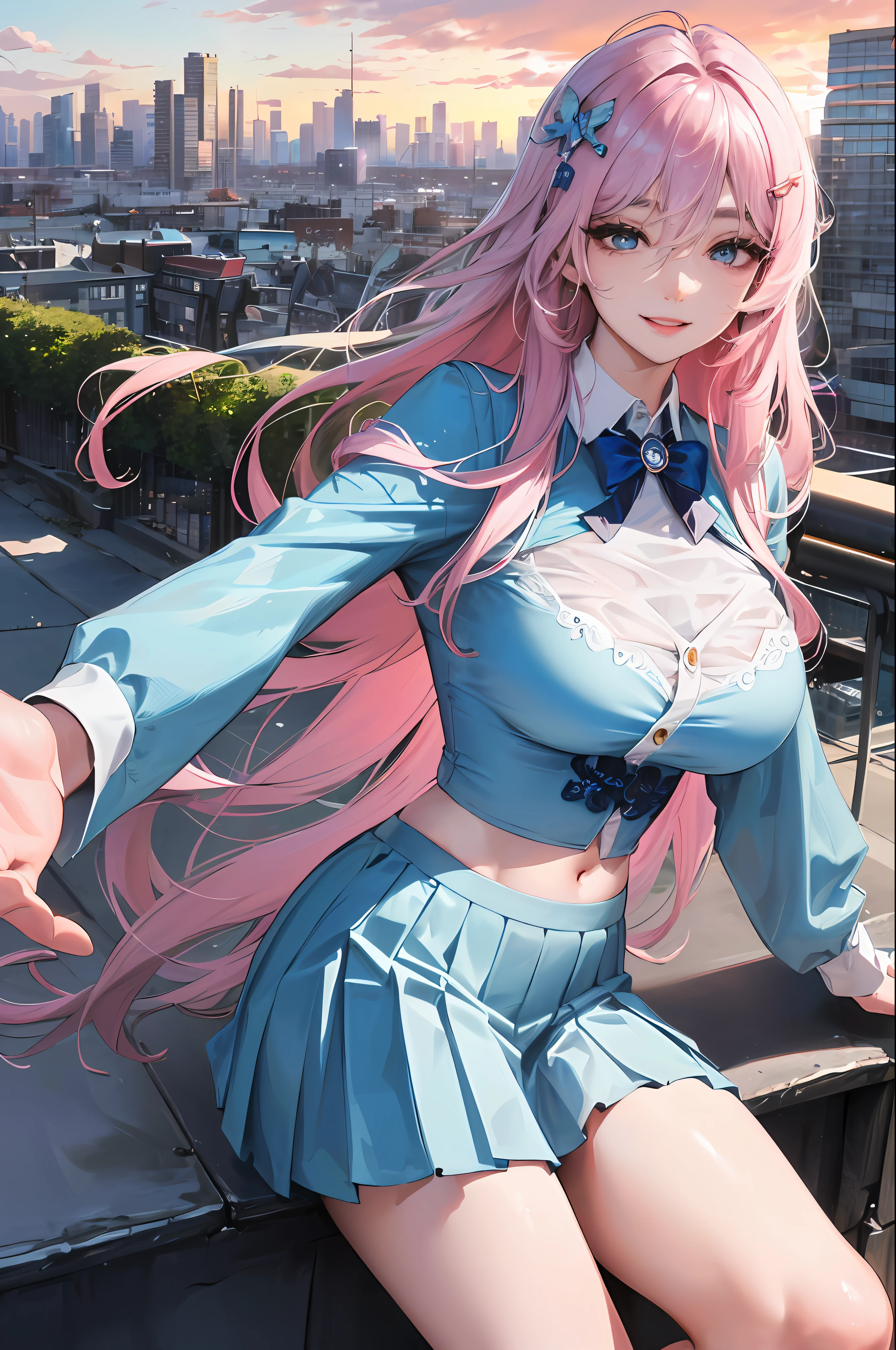 official art, masterpiece, sharp focus, (beautiful gorgeous cute Korean woman:1.3), (beautiful cute korean:1.3), korean beauty, Delicate and beautiful hair and eyes and face, realistic, ultra detailed, beautiful girl, blue sky, glow white particle, (sidelighting:1.2), sun light, white cloud, detailed clouds, slender, Lovely very large breasts and very large hips, smile with teeth, ((smile with eyes, open both eyes)), scenery, long straight hair, sexy facial expression, building, (cityscape:1.7), dynamic hair, long straight hair, detailed platinum pink hair, glow blue eyes, (blue pleated shirts + white skirt), white long socks, pale skin, hair ornament, epic scenery,