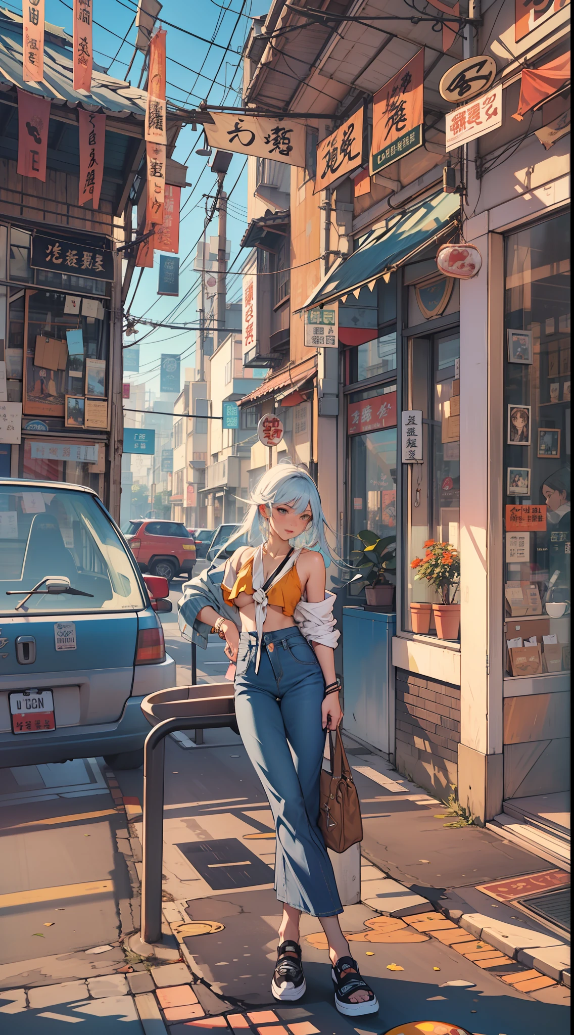 ((best qualtiy)), ((tmasterpiece)), (A detailed:1.4),((full bodyesbian)),Enhanced dynamic perspective,(beautiful sexy girl,夏天,Denim long skirt,Sitting in a street coffee shop,drinking a coffee),kawa,(Lunette de soleil),Come to me,Future sci-fi city street,Egg-shaped building,((Lateral face)),Street photography,Bright colors,nighttime scene,high qulity,super-fine,Detailed pubic hair,Accurate,Cinematic lighting,