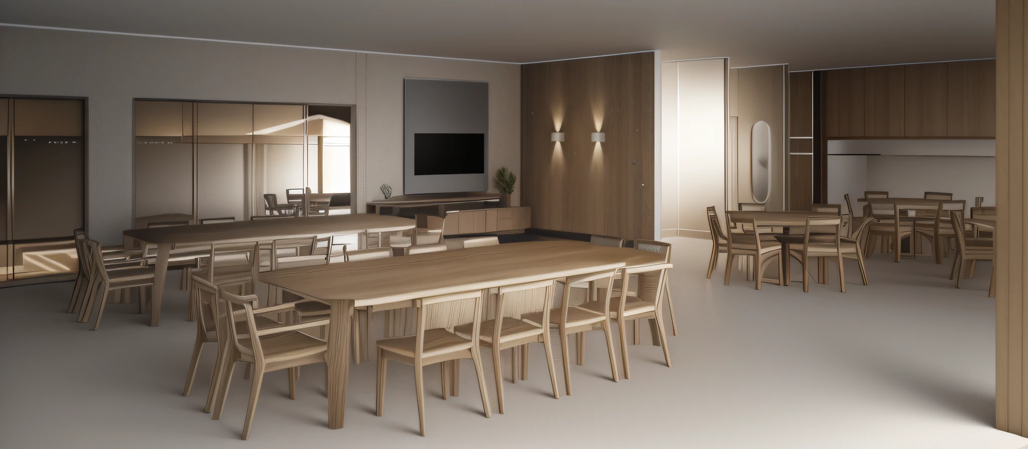 There is a drawing of a dining room with a TV and a large window, 2 d render, digital render, Detailed rendering, bw 3 d render, 3D-rendering, 3D rendering, CG rendering, desenho conceitual, detailed renderings, enscape render, kitchenette and conference room, vista completa para o quarto, tiro largo, renderizado no enscape
