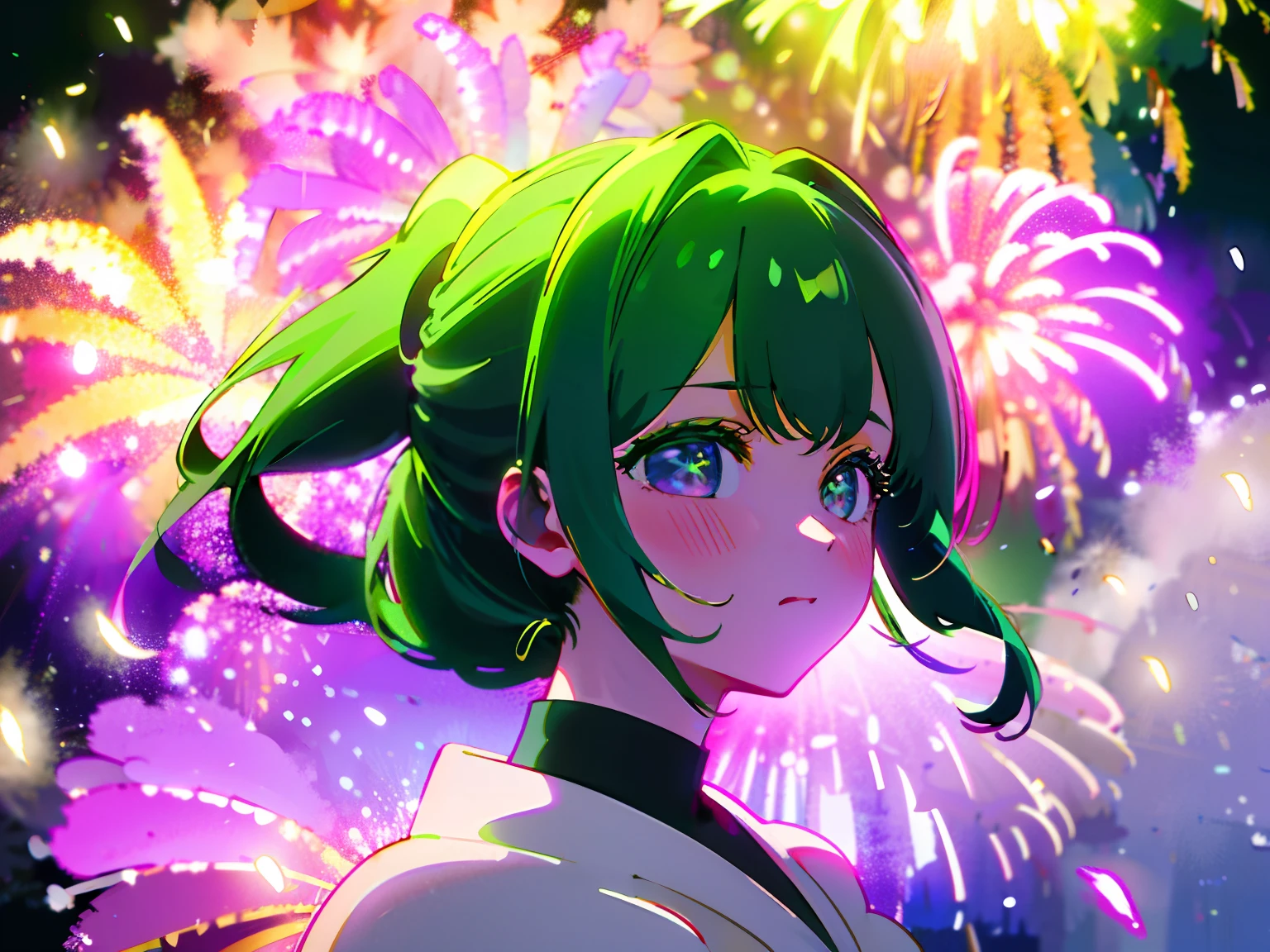 Beautiful girl with ponytail low saturation hair,lively and lovely,There are dull hairs,Upper body only,Under the fireworks of the celebration,Background bokeh,Exquisite lighting,Best lighting effects,Gentle breeze,green pupills。