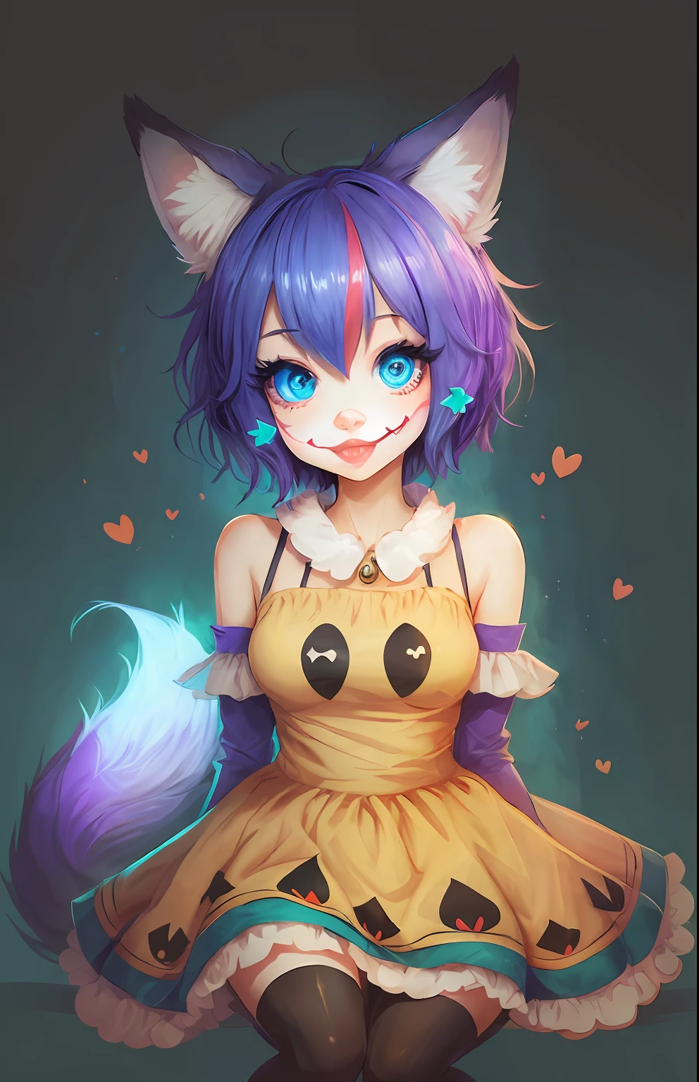 **drawing of a mem joker in a cute dress, big fox ears, big blue eyes, a game character, a big fluffy tail --auto --s2