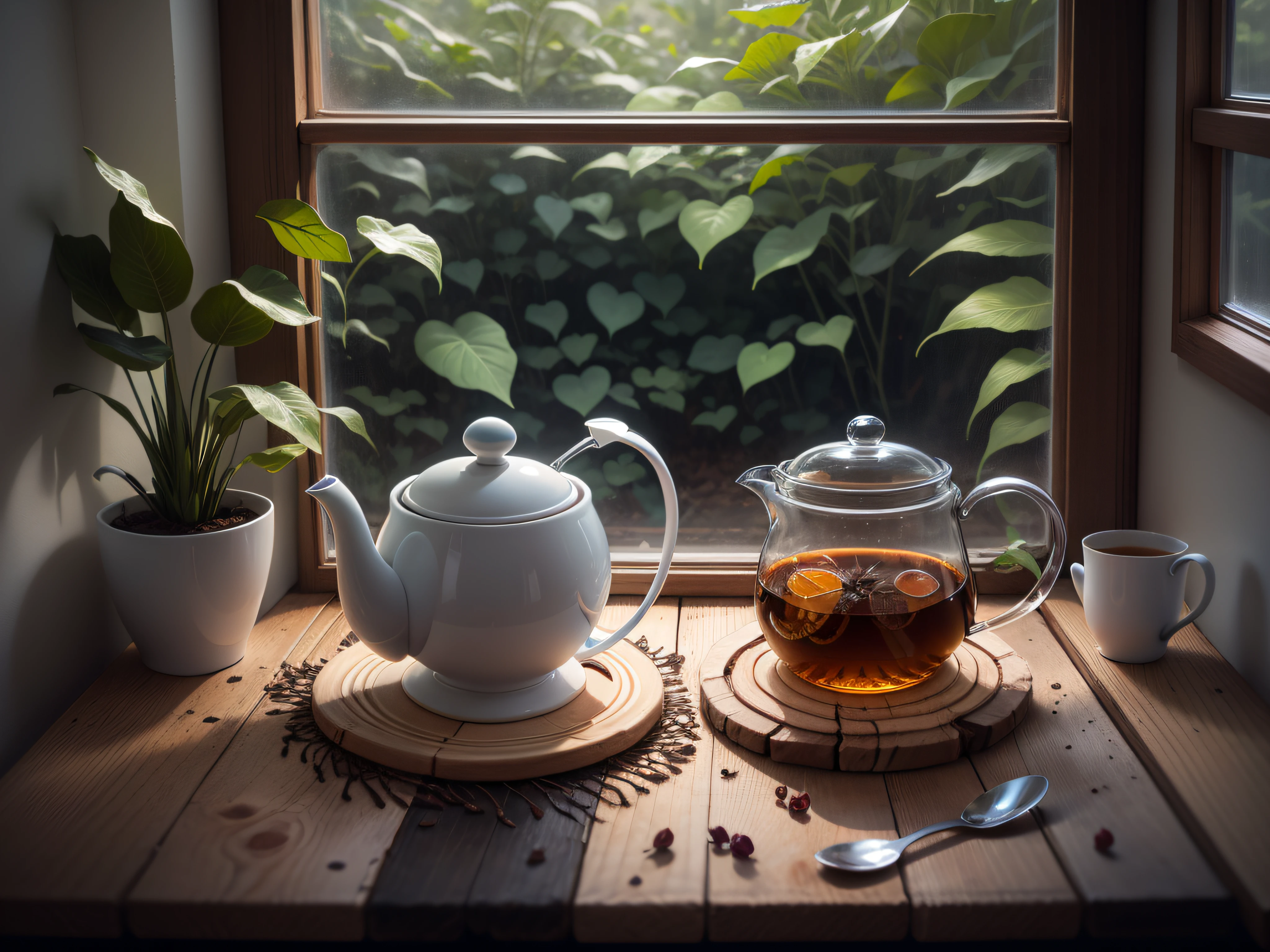 Hot tea on a wooden table next to a window with many plants