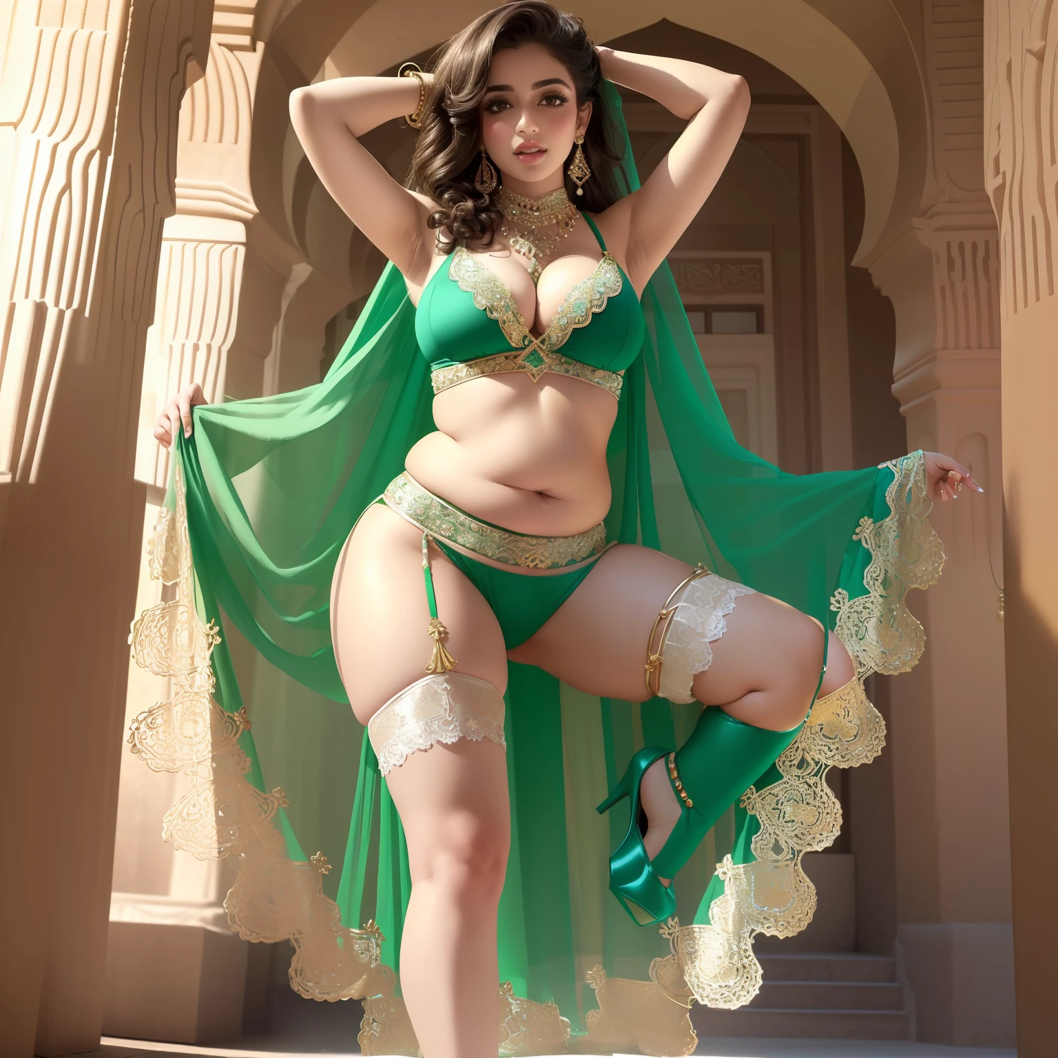 perfect face beautiful (arab:1.5) doctor in lace bra and saree wlop perfect full HDR body exposed midriff highleg loli (flat chest) curvy indian (armpits:1.4) bellydancer 8k chubby high res knees ankles , (plump:1.2) , cleavage (shiny skin:1.2) (full body shot:1.5) (high heels:1.5) lace bra dancing for men thong (sahara:1.4) (green theme:1.3)