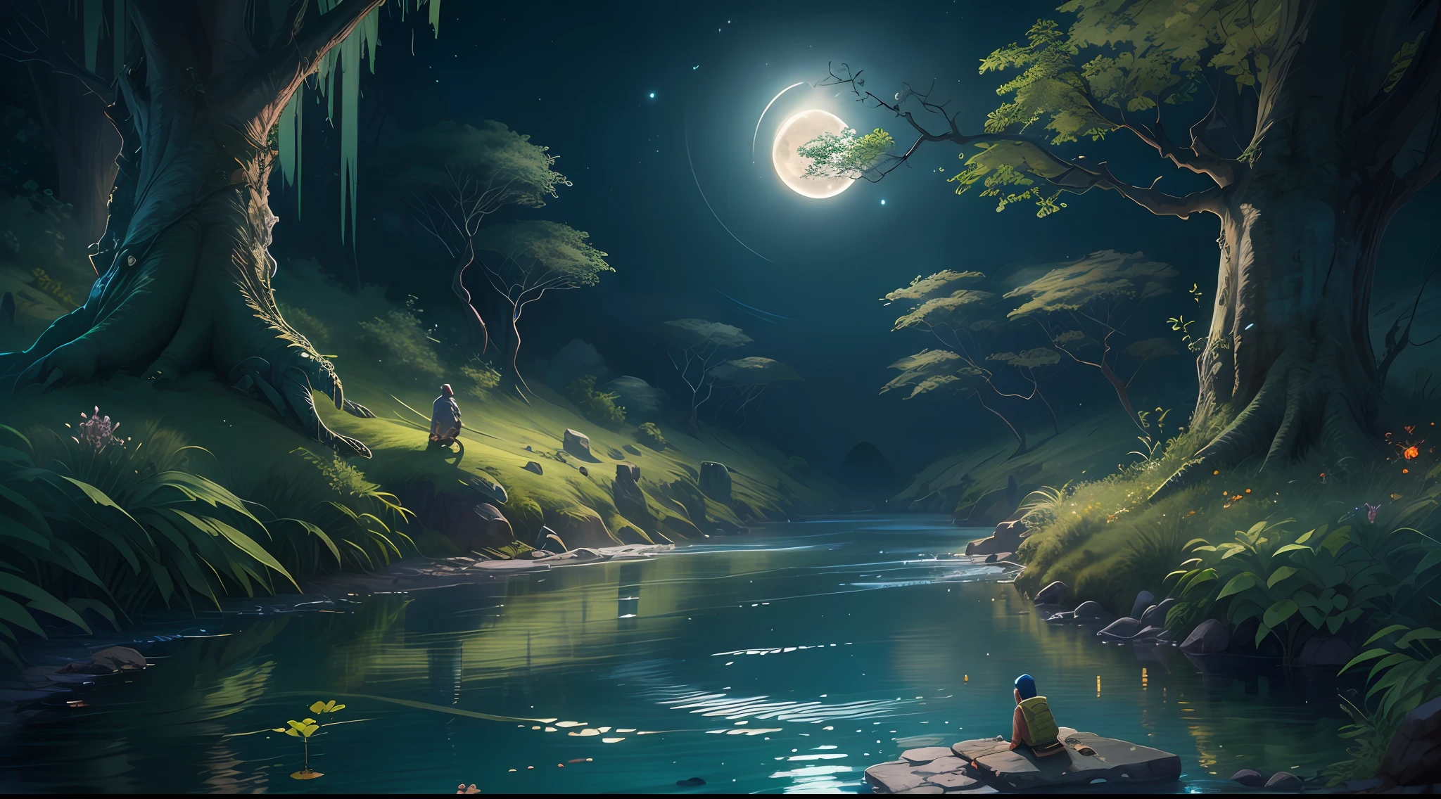 ((best qualtiy)), ((tmasterpiece)), (A detailed:1.4),Enhanced dynamic perspective,jungles,nighttime scene,starrysky,(darkly:1.4),((The old adventurer sits on the stone,A blazing stream flowed before him)),There are crocodiles in the water,(Adventurer backpack),(weeds),florals,(((adventurer clothing))),super-fine,Works of masters,high qulity,8K分辨率,depth of fields,电影灯光,Epic shooting,high qulity,super-fine,Detailed pubic hair,Accurate,Cinematic lighting,