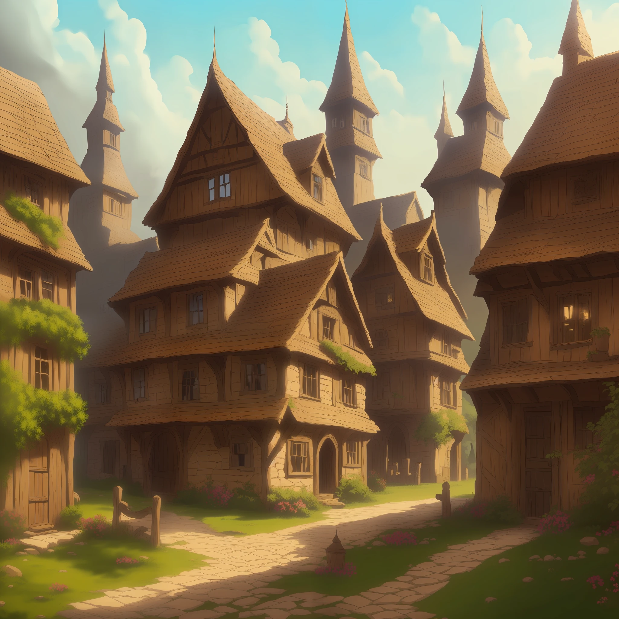 A work of art, masterpiece, perfect quality, many details. A rustic medieval town, with wooden and stone buildings, in the background a very beautiful skyline. Fantasy, RPG genre.