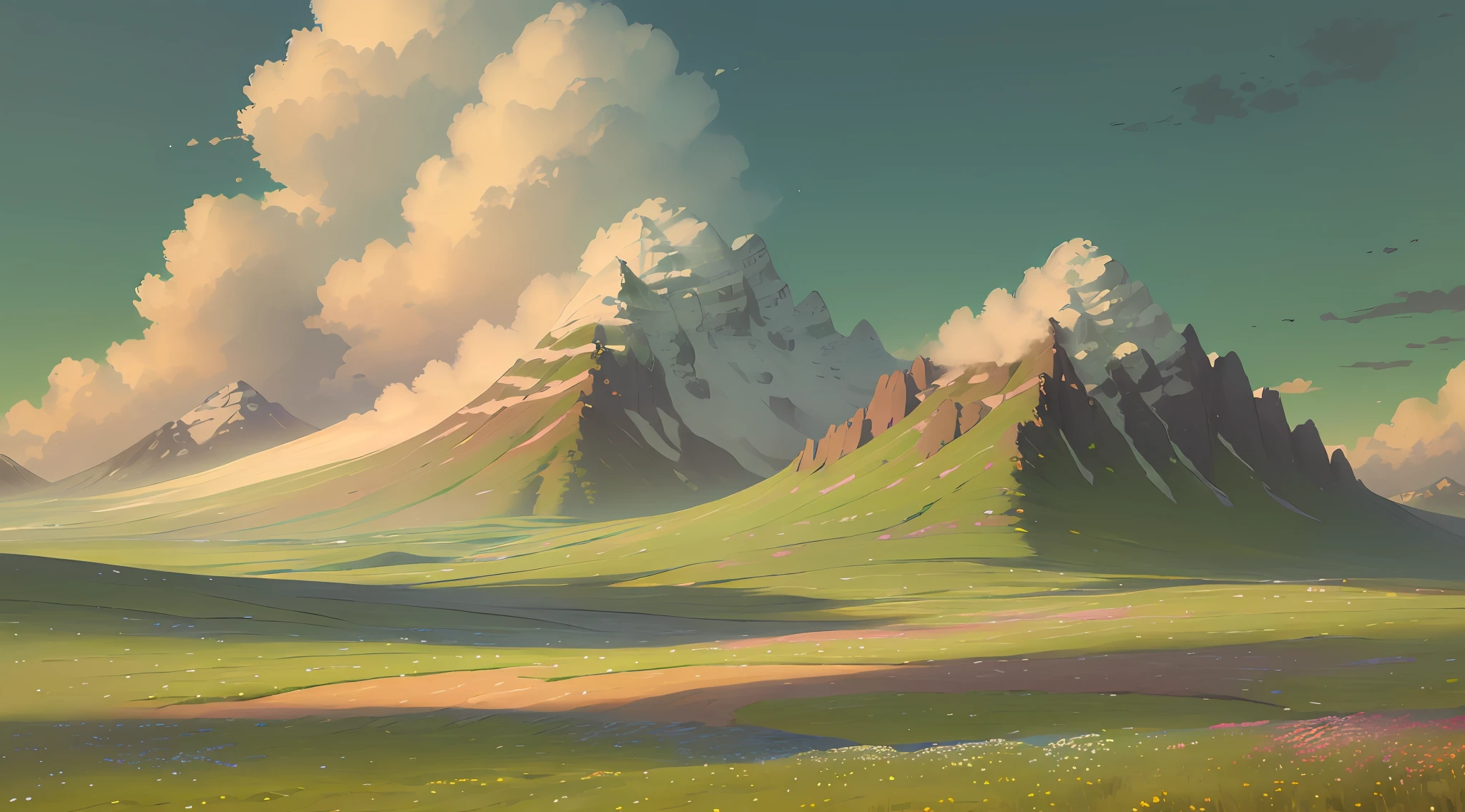(summer prairie),passaros (poucas flores pequenas),(nuvens grandes),(bokeh de foco de campo profundo),(surrealismo),(hiper-detalhe),(luz suave),(ray tracing),(cinemactic), (blue skies: 1.3),(clima quente: 1.1),(detalhe de 8k)