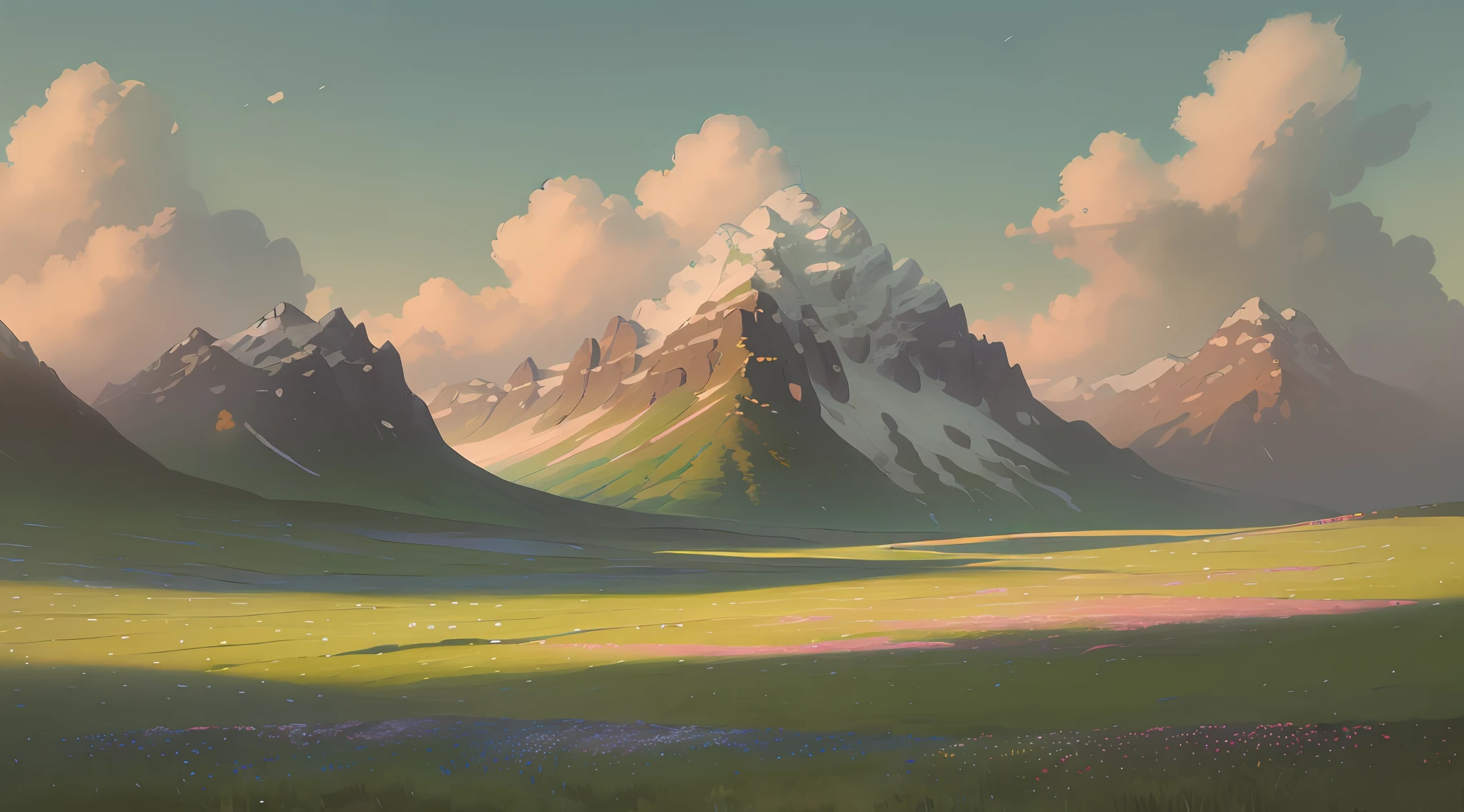 (summer prairie),passaros (poucas flores pequenas),(nuvens grandes),(bokeh de foco de campo profundo),(surrealismo),(hiper-detalhe),(luz suave),(ray tracing),(cinemactic), (blue skies: 1.3),(clima quente: 1.1),(detalhe de 8k)