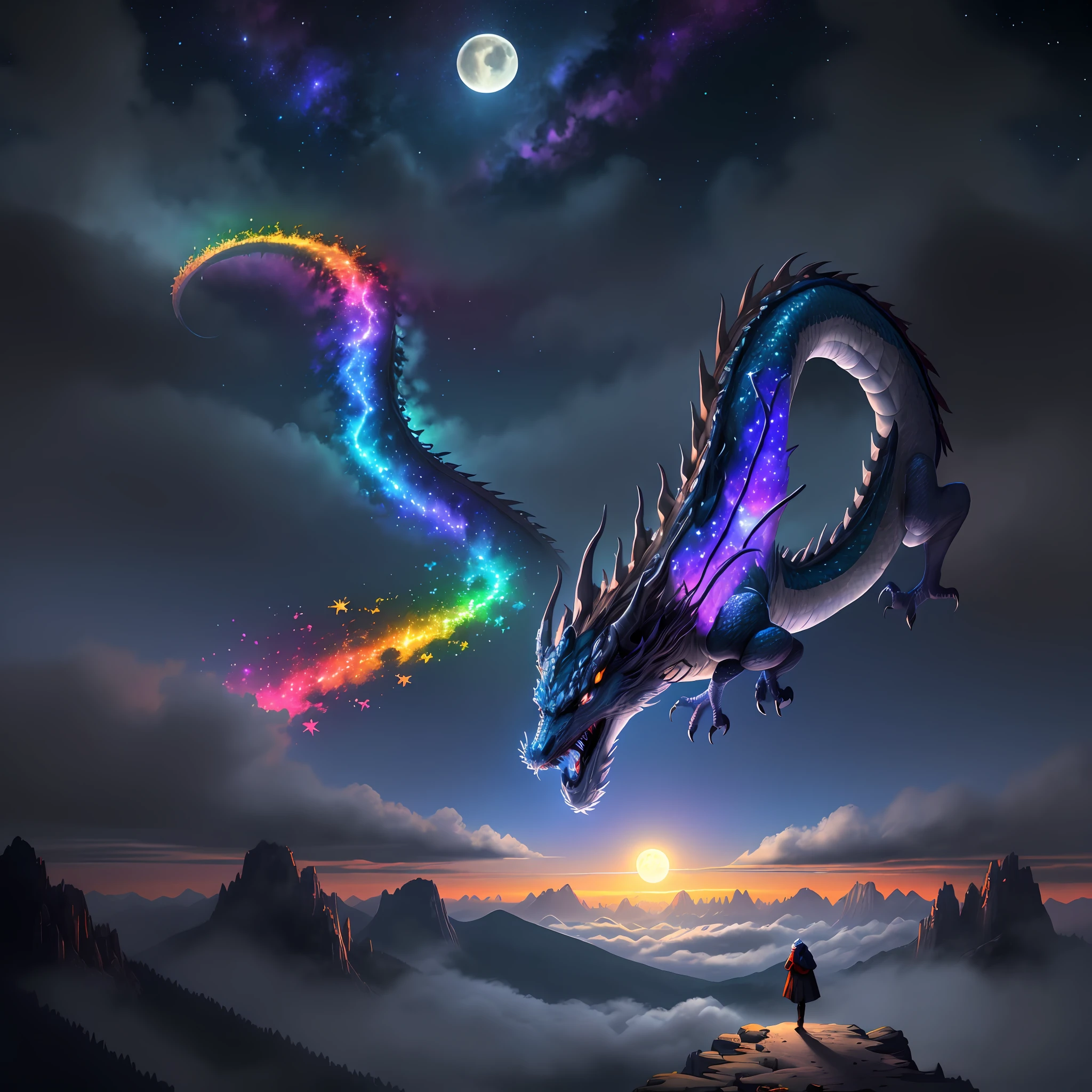 Vast landscape photos, (view of the sky and wilderness below), boys and girls standing in flower fields looking up, (Full Moon: 1.2), (Meteors: 0.9), (Nebula: 1.3), Distant Mountains, Tree Breaking Making Art, (Warm Light Source: 1.2), (Firefly: 1.2), Lights, Purple and Orange, Intricate Details, Volumetric Lighting BREAK (Masterpiece: 1.2), (Highest Quality), 4K, Super Delicate, (Dynamic configuration: 1.4), Highly detailed and colorful details (rainbow color: 1.2), (Sparkling lighting, atmospheric lighting), Dreamy, magical, (Solo: 1.2), (Ying Dragon God), (Through the clouds), (Top of the mountains), (Complex), (Super Detail), (Starry Sky Background), (Stout Limbs), (Moon Night), (Ultra Clear), (Best Quality),