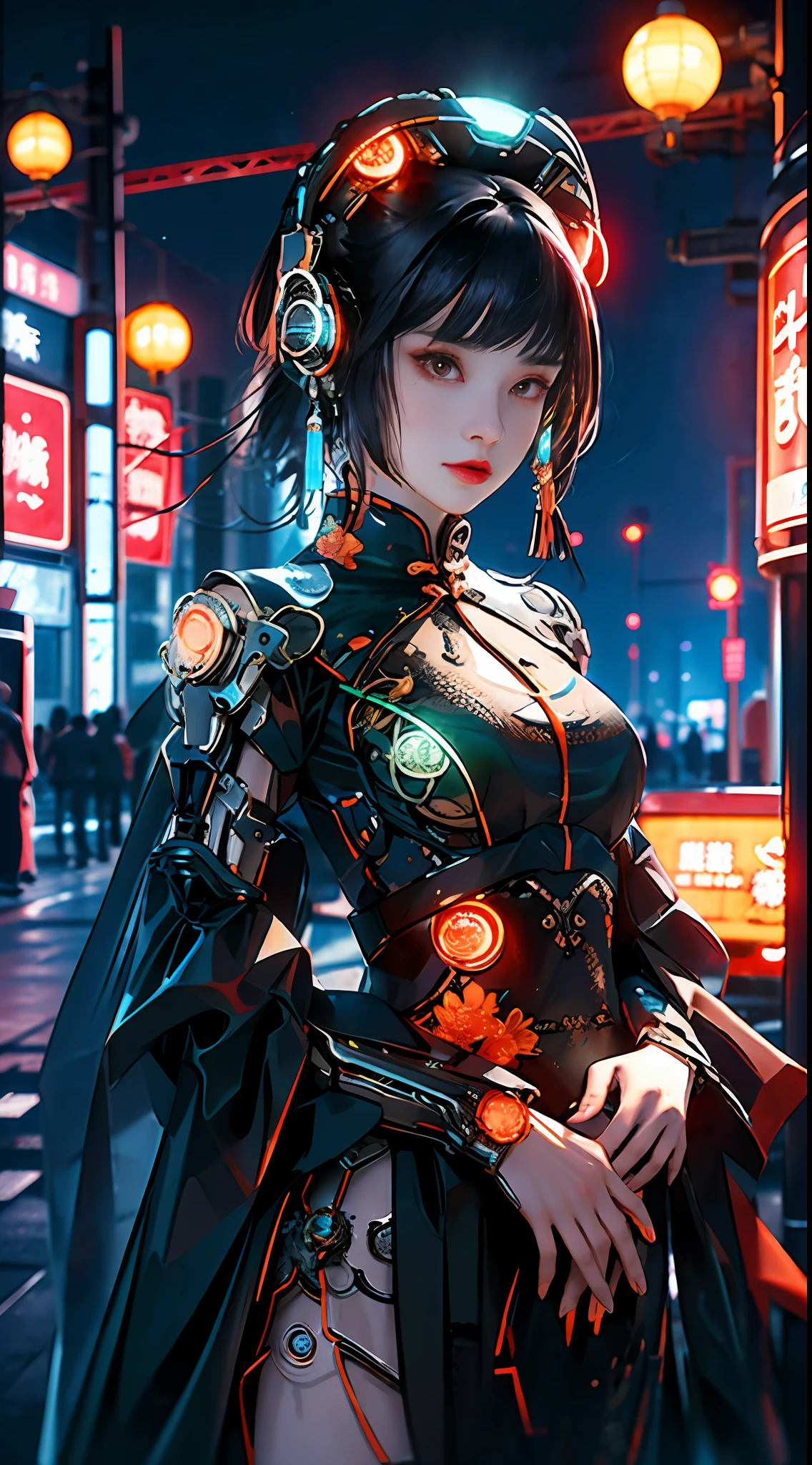 1 girl, Chinese_clothes, black and orange, cyberhan, cheongsam, cyberpunk city, dynamic pose, glowing headphones, glowing hair accessories, long hair, glowing earrings, glowing necklace, long straight hair flying messy, silver hair, cyberpunk, high-tech city, full of mechanical and futuristic elements, futurism, technology, glowing neon, orange, orange light, laser, digital background city sky, big moon, with vehicle, best quality, masterpiece, 8K, character edge light, Super high detail, high quality, the most beautiful woman in human beings, background many advertising light boxes