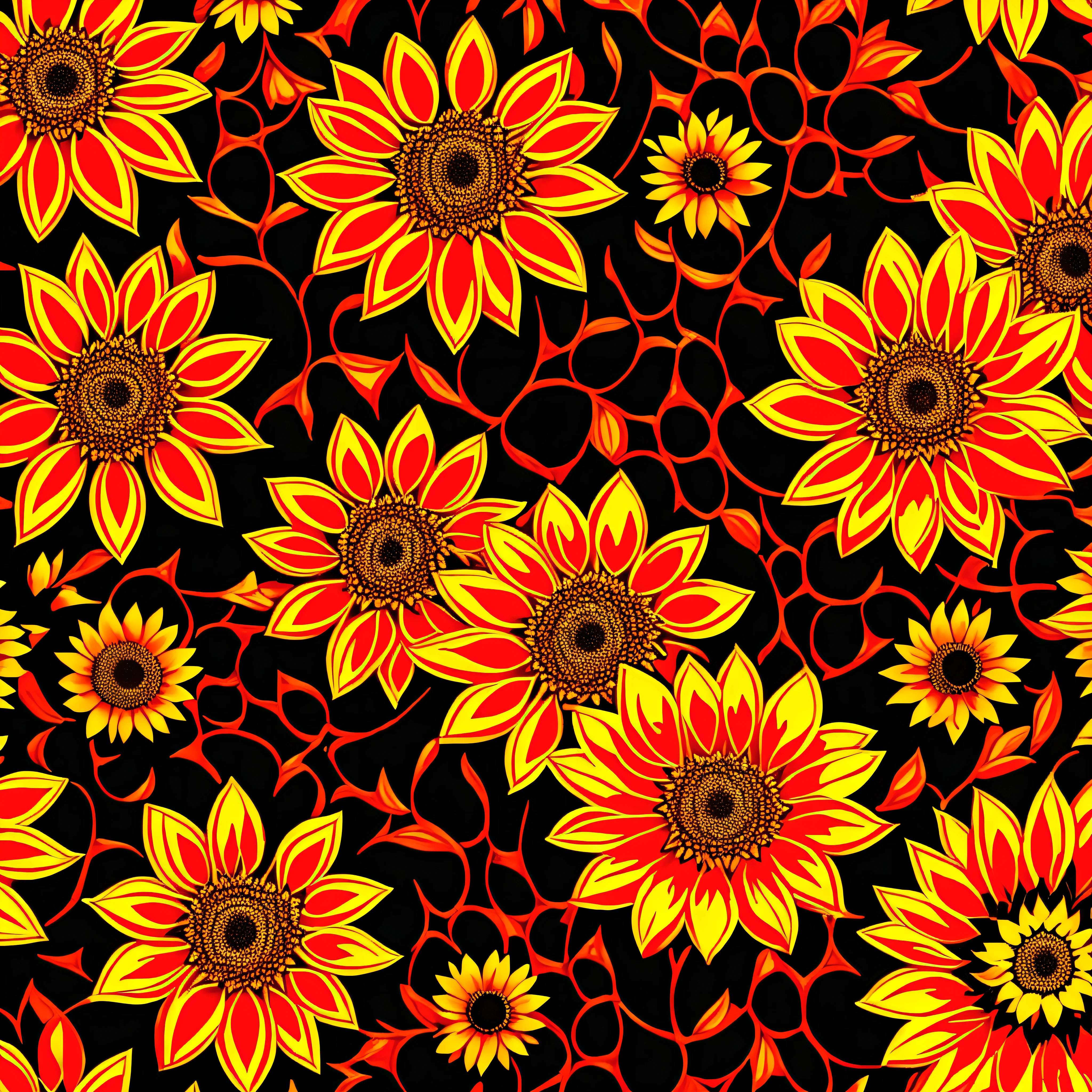 pattern, 2k, 2d, sunflower flowers, indian red color, white color, black color, neon yellow grenn colors, with white background --auto