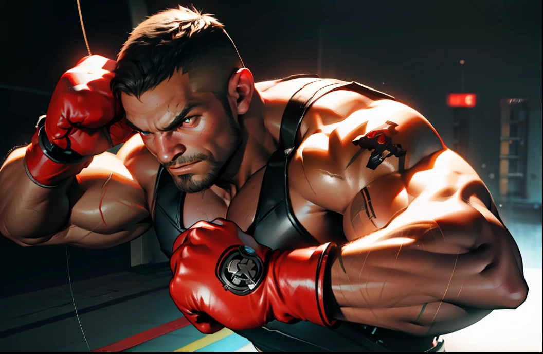 Create a muscular cyborg with eyes that glow red with boxing gloves and military cord in 3D resolution