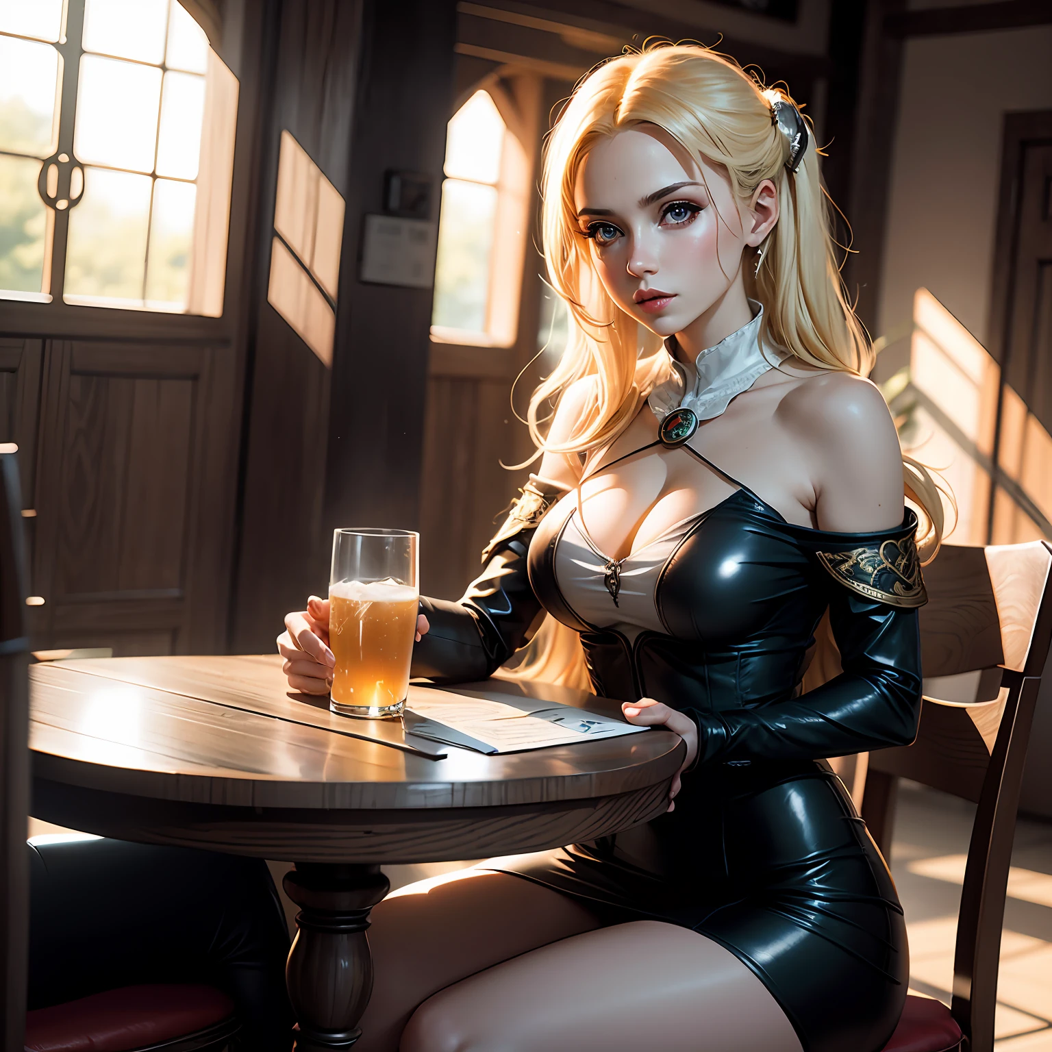 --Blonde woman --sitting at a table --drink in hand --anime,
--Menina anime --vida real --sedutora --Ciri de The Witcher,
--Deusa loira --wlop --ross tran,
--Soft lighting,
--Lawther --sitting at the table --playing DND,
--Alena Aenami --Artgerm,
--Amouranth --Tirado com Canon 5D MK4.