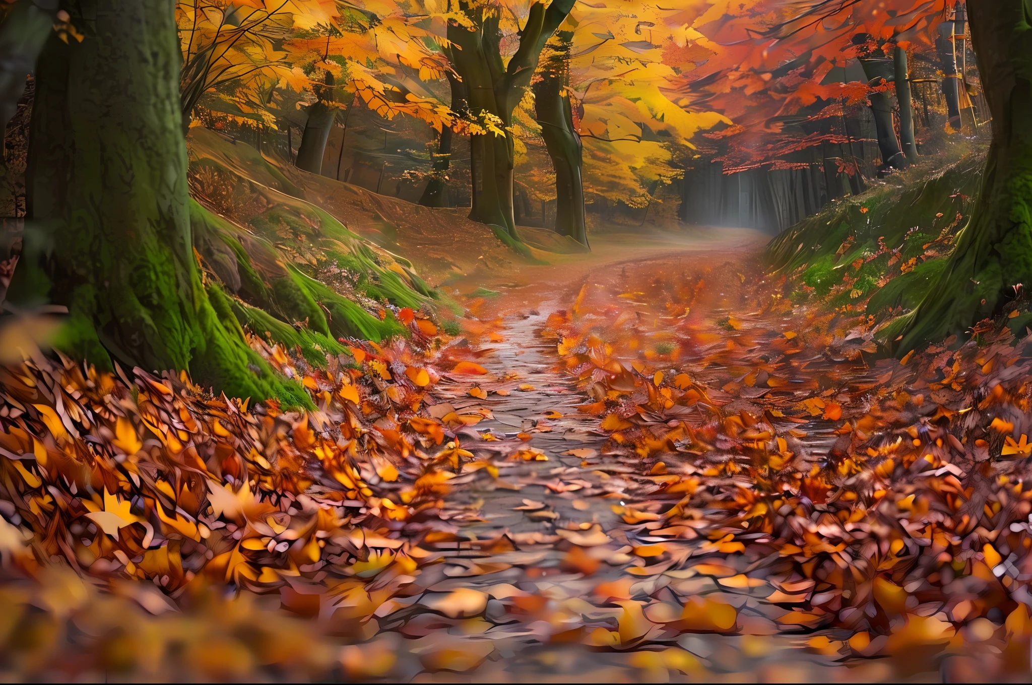 artwork, professional photography, a forest in autumn time, a path that leads you through the forest, fallen leaves on the ground, intricate details, high resolution, blurred background