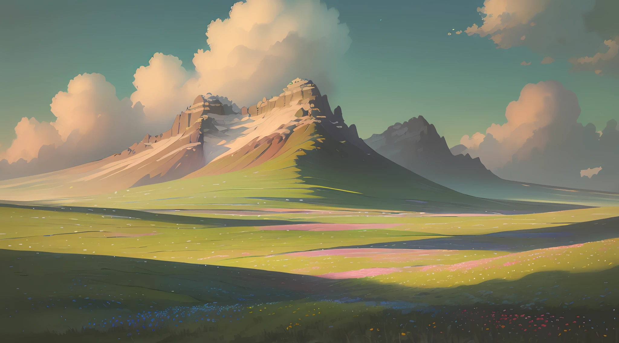 (summer prairie),passaros (poucas flores pequenas),(nuvens grandes),(Foco em campo profundo bokeh),(surrealismo),(hiper-detalhe),(luz suave),(ray tracing),(cinemactic), (blue skies: 1.3),(clima quente: 1.1),(detalhe de 8k)