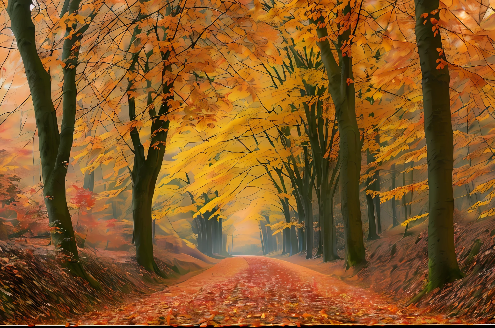 artwork, professional photography, a forest in autumn time, a path that leads you through the forest, fallen leaves on the ground, intricate details, high resolution, blurred background