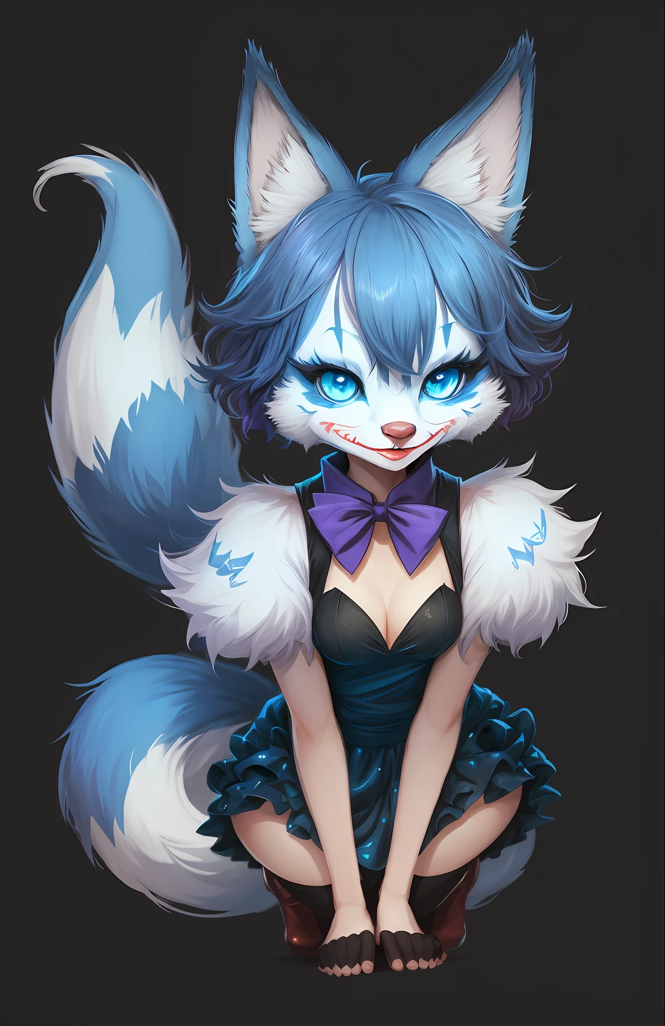 **drawing of a mem joker in a cute dress, big fox ears, big blue eyes, a game character, a big fluffy tail --auto --s2
