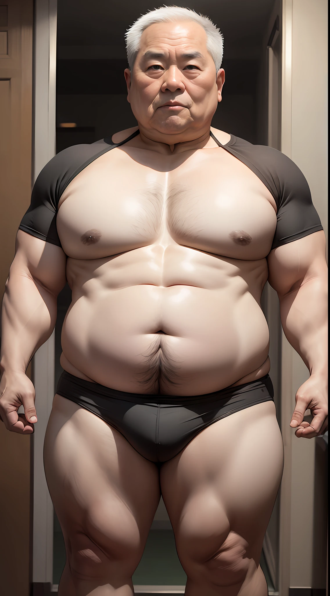 whaite hair,An 80-year-old Chinese man without a shirt, Fat belly, folds of belly flab, potbelly,visible abdomen, Obese, Fat figure --auto