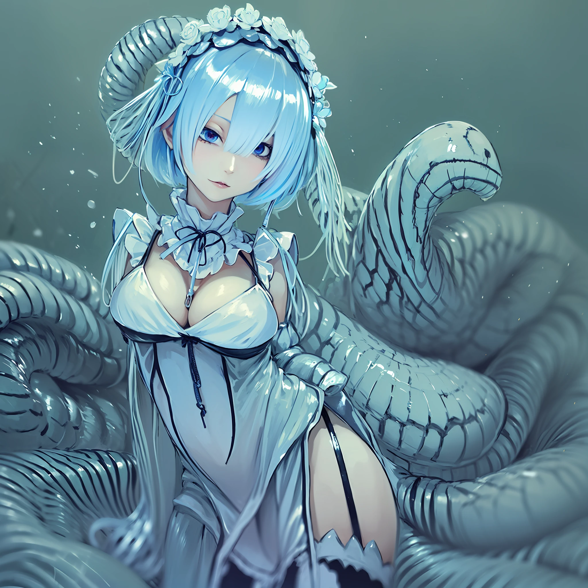 masterpiece, top-quality, Hi-Res, (((((Evil Fall))))),(((((((Creatureization))))))), (((((Parasitized))))),(((tentacle clothes))), (((Leotard))),(Hollow eyes), (((Colossal tits))), (((neck tie))), ((Enamel material)), ((Glossy material)), (((1girl in))), ((独奏)), (((Standing picture))),Remu(Re:Life in another world starting from scratch), Blue hair, white thighhig, (((short-hair))), blue eyess, Hair above one eye, ((frilld)), ((garter strap)),full-body view,deadpan