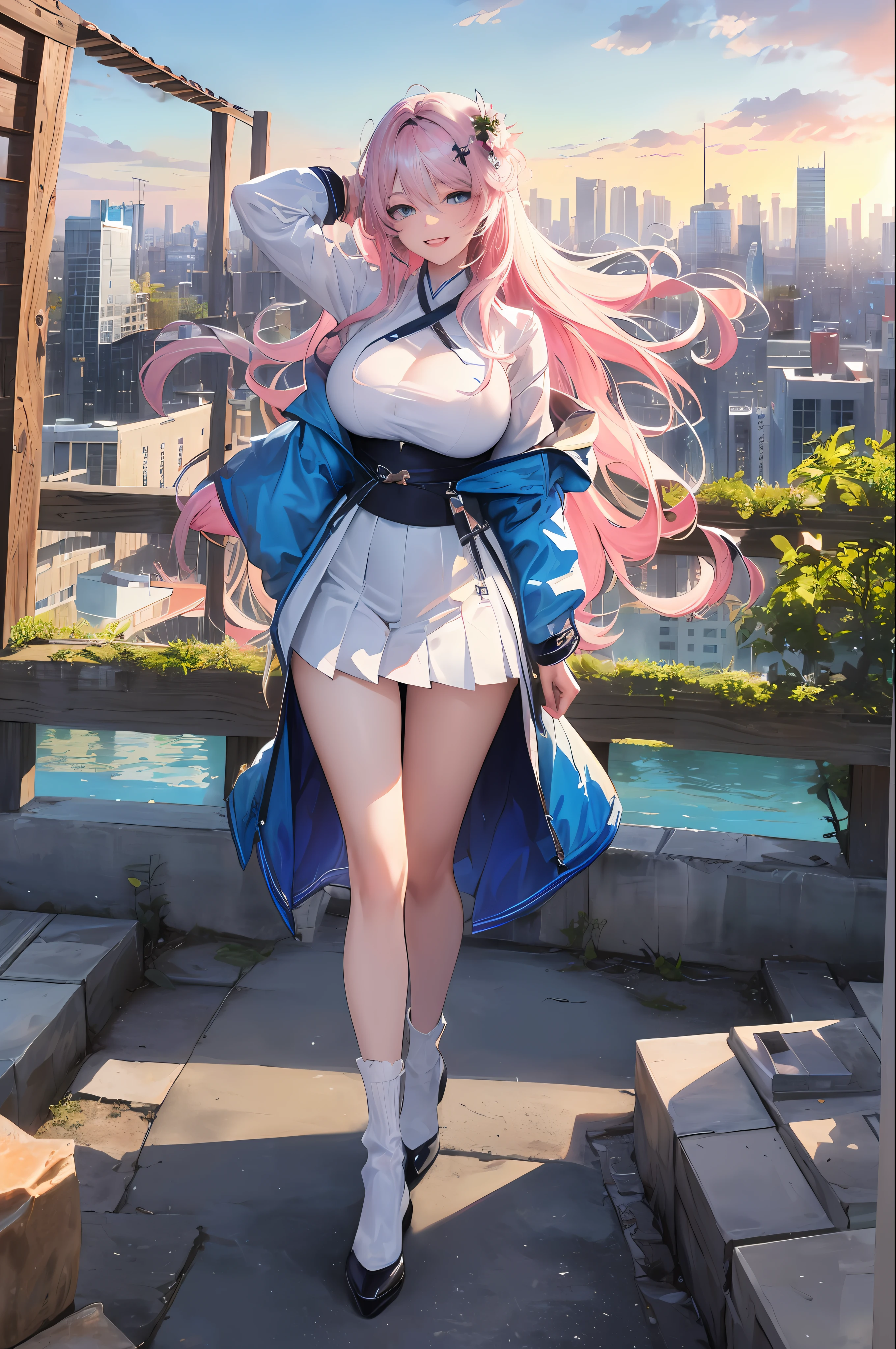 official art, masterpiece, sharp focus, (beautiful gorgeous cute Korean woman:1.3), (beautiful cute korean:1.3), korean beauty, Delicate and beautiful hair and eyes and face, realistic, ultra detailed, beautiful girl, blue sky, glow white particle, (sidelighting:1.2), sun light, white cloud, detailed clouds, slender, Lovely very large breasts and very large hips, smile with teeth, ((smile with eyes, open both eyes)), scenery, long straight hair, sexy facial expression, building, (cityscape:1.7), dynamic hair, long straight hair, detailed platinum pink hair, glow blue eyes, (blue pleated shirts + white skirt), white long socks, pale skin, hair ornament, epic scenery,