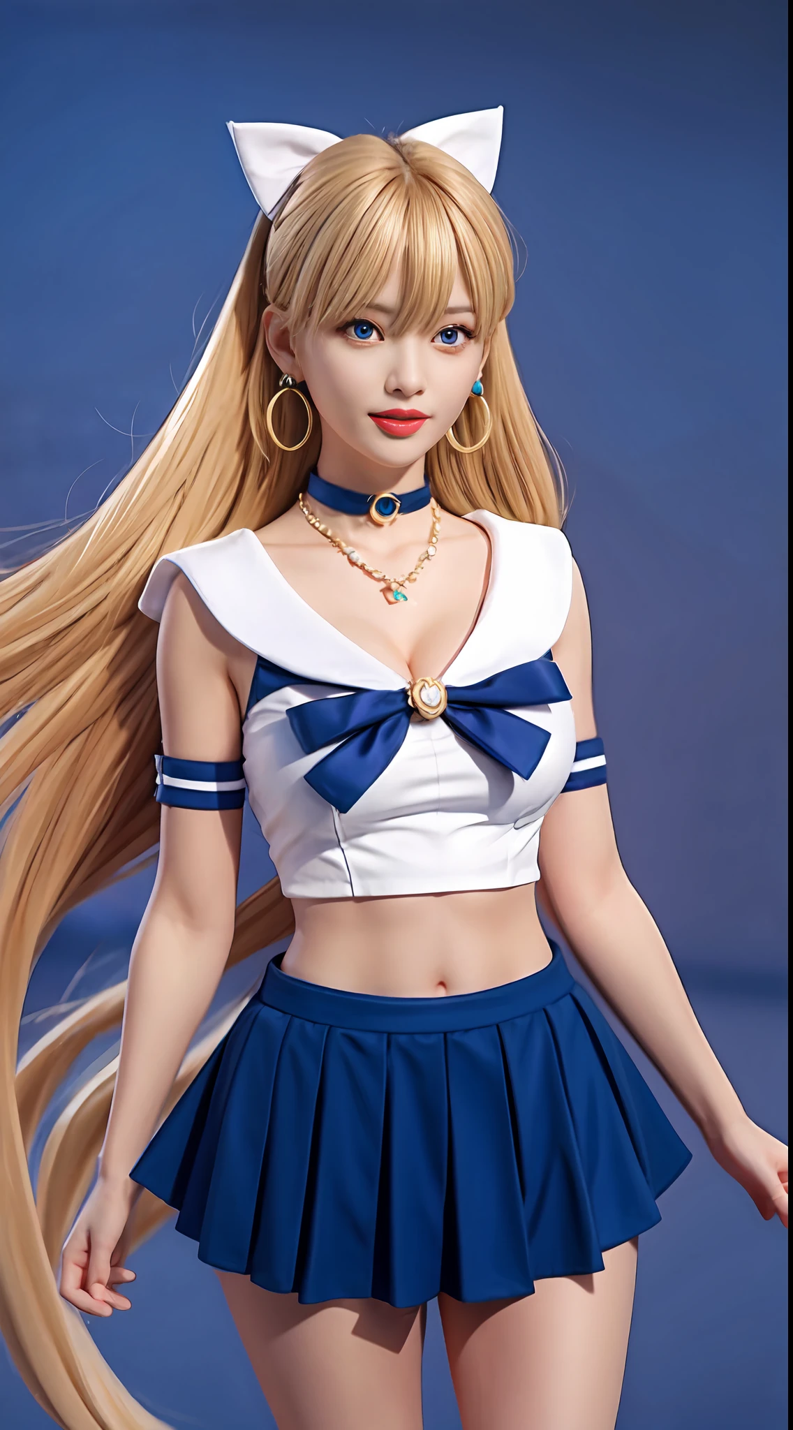 1girll,bangs,blond hairbl,eBlue eyes,Blue sailor collar,fashi-g,choker necklace,circle of the crone,cleavage,Keep one's mouth shut,鎖骨,Crescent,Crescent earrings,Earrings,hair-bun,hair on shoulders,Heart,angina,jewelry,long whitr hair,identical,partedbangs,Red necklace,Sailor collar,the sailor moon,Mariner Moon Redraw Challenge\(identical\),Sailor Morishi uniform,Solo,Tsuki no Sugi,double tails,The upper part of the body