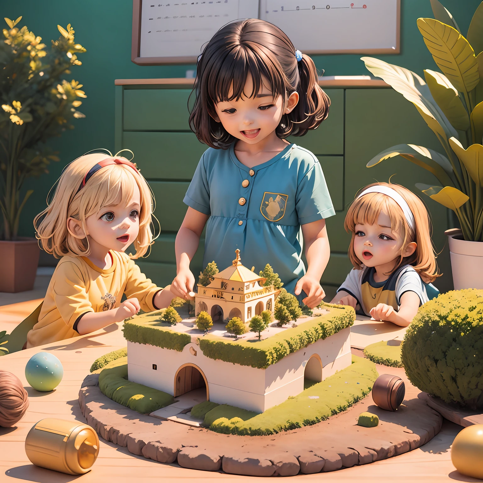 An interactive learning scene with children of different ages, todas imersas nas atividades do 'Material Dourado Completo'. The environment is filled with enthusiasm and discoveries, with the golden pieces being used to compose numbers and solve mathematical problems in a practical and effective way. --auto