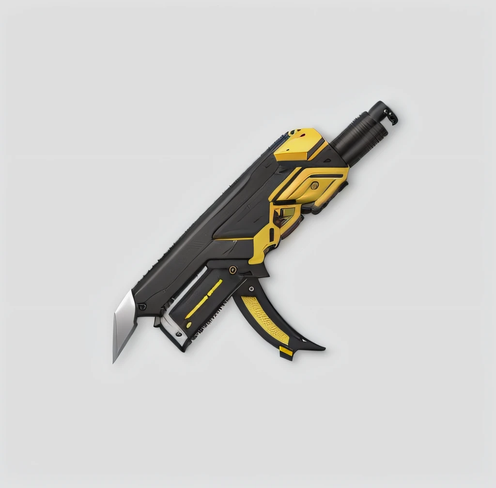 um close up de uma arma com um cabo amarelo e preto, design de armas, Arma futurista, sci - fi weapon, Arma futurista, arte conceitual de arma, arte conceitual de armas, Item de jogo de RPG, design em anime de arma, arma de fantasia, arte da arma do RPG de fantasia, Sci-fi gun, Sharp, Retractable blade on top of gun, raios amarelos ao redor da arma, Sharp blade attached to the barrel of the gun